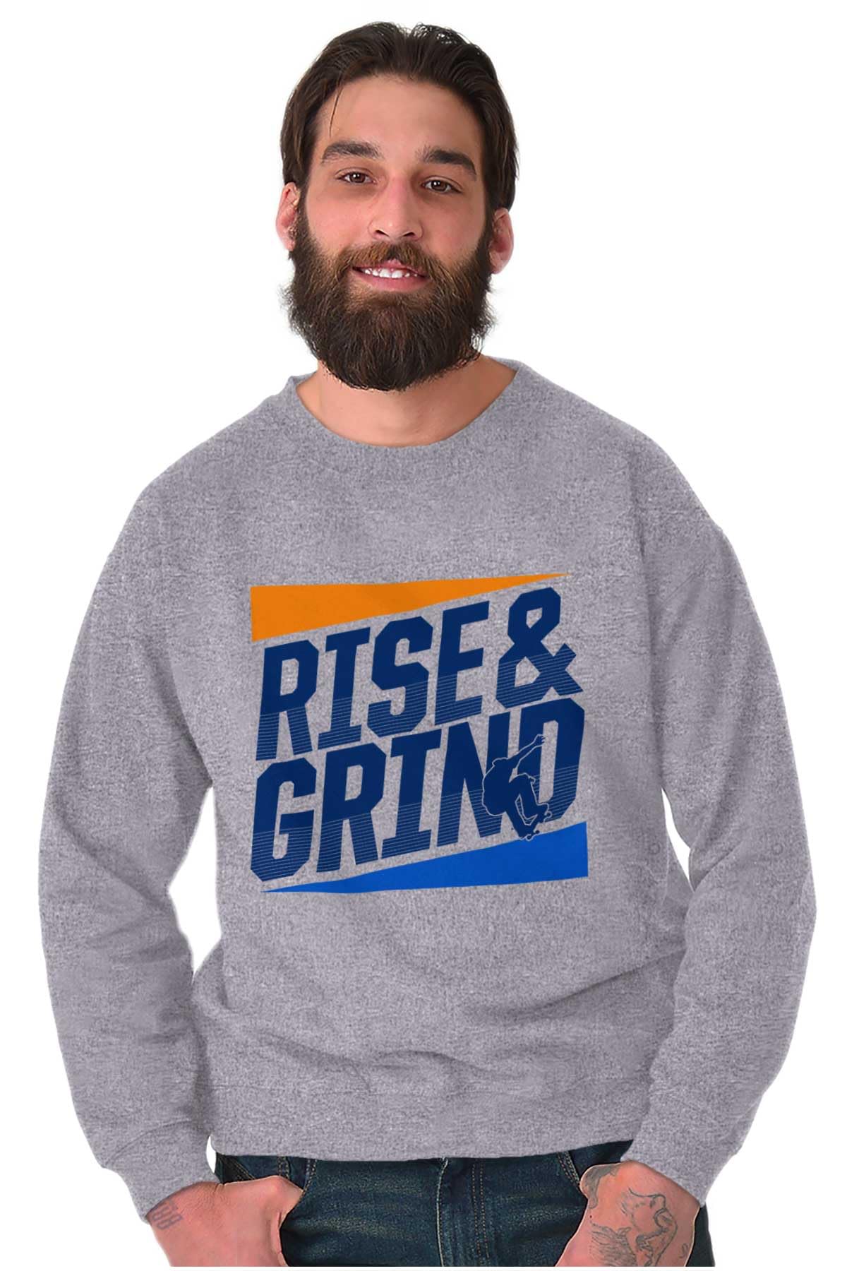 Brisco Brands Rise and Grind Skateboard Quote Men's Crewneck Sweatshirt - Comfortable Pullover Hoodie for Skateboarders, Streetwear & Casual Outfits