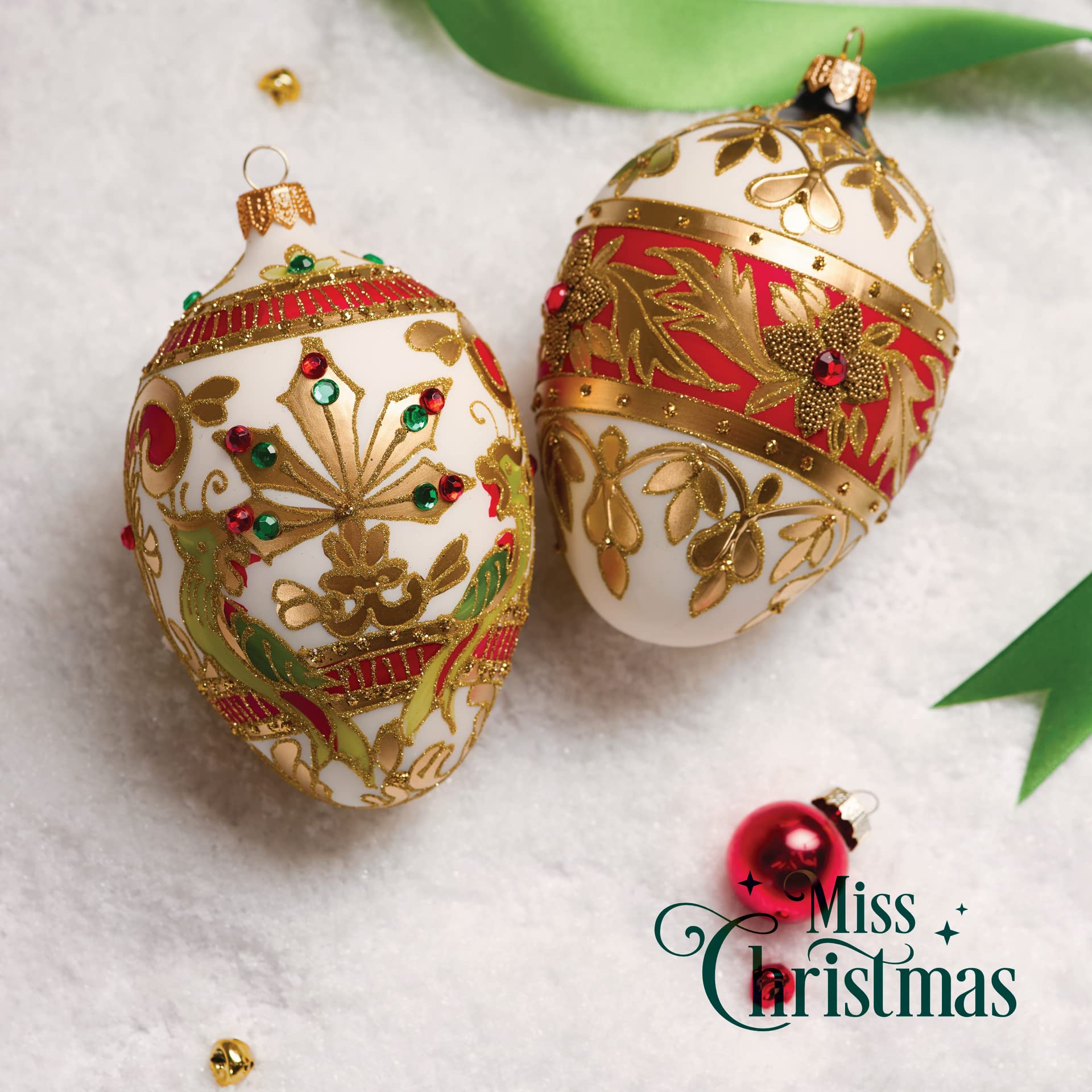 2024 Miss Christmas Palace Gold Fabergé Egg - 5 Inch Blown Glass Christmas Tree Ornament in Exotic Red, Green & Gold | Elegant Holiday Decor for Xmas Tree, Mantel & Gift Giving