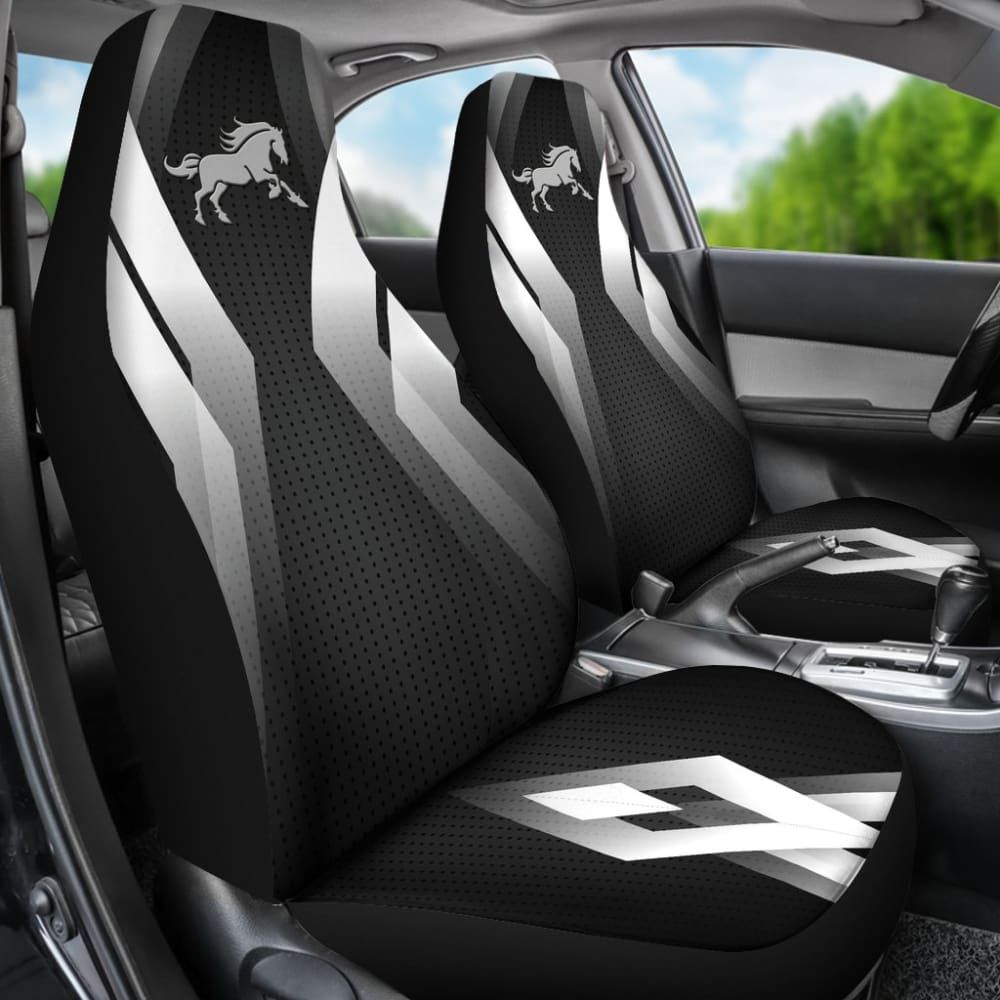 Premium Black & Silver Mustang Horse Custom Metallic Print Car Seat Covers - Perfect for Ford Mustang Enthusiasts & Car Show Accessories