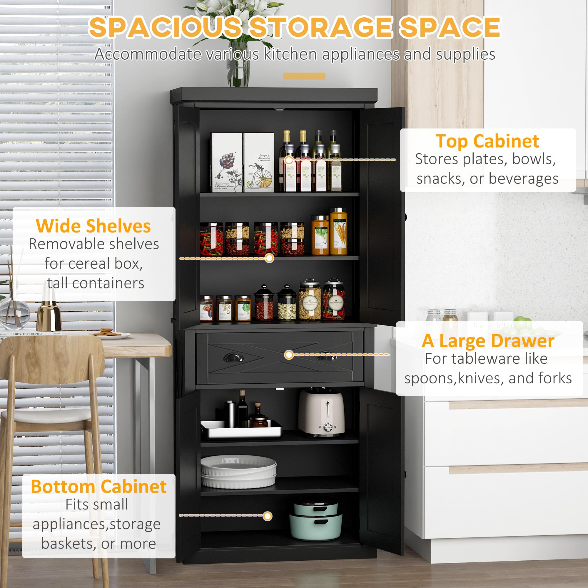 HOMCOM 72 Inch Freestanding Kitchen Pantry Cabinet with 4 Doors, 3 Adjustable Shelves & Large Drawer - Black X-Frame Storage Cupboard for Dining Room, Kitchen Organization & Home Decor
