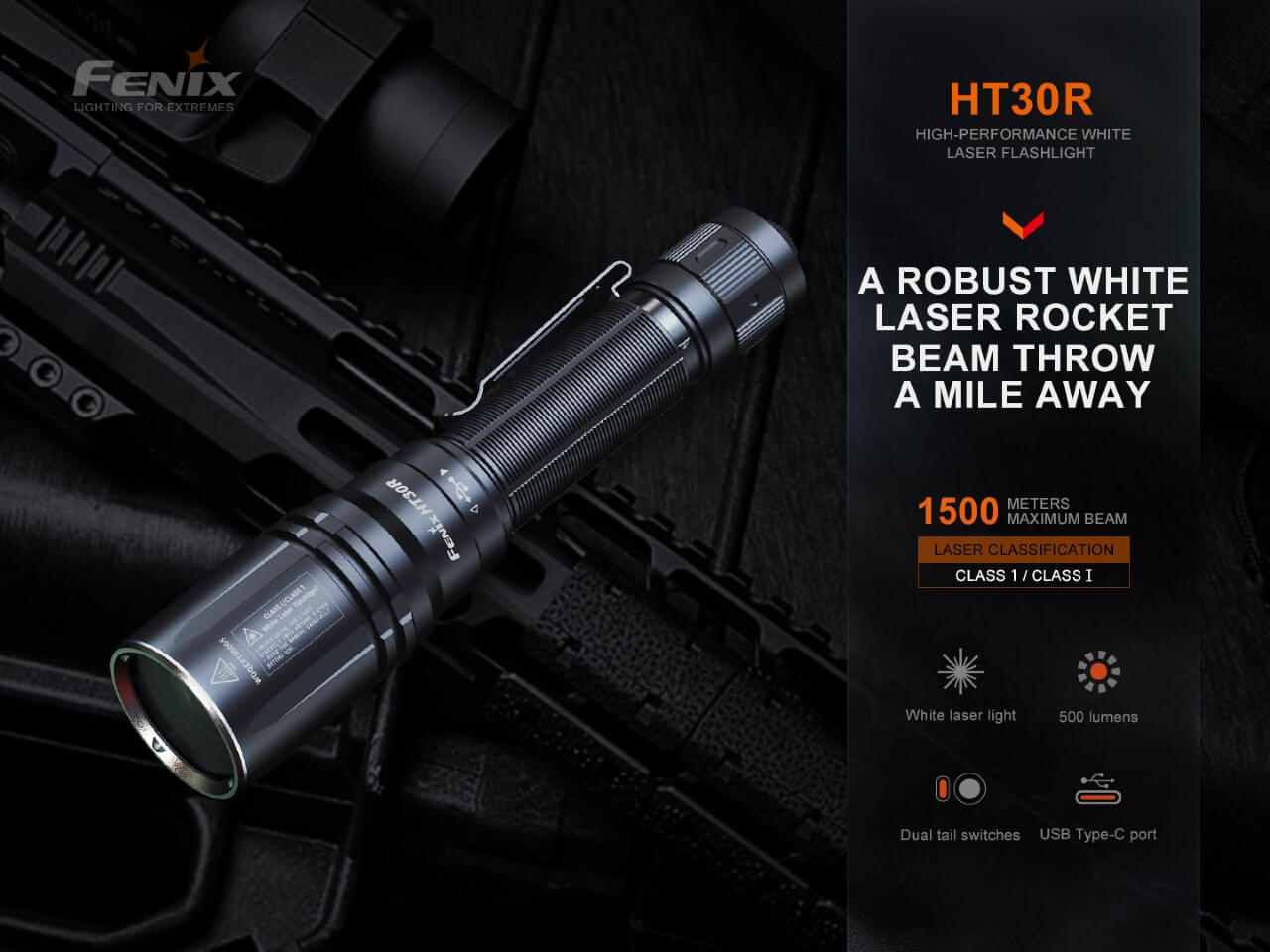 Fenix HT30R 1000 Lumen White Laser LED Flashlight - High Power Tactical Light for Hunting, Camping & Outdoor Adventures (Discontinued)