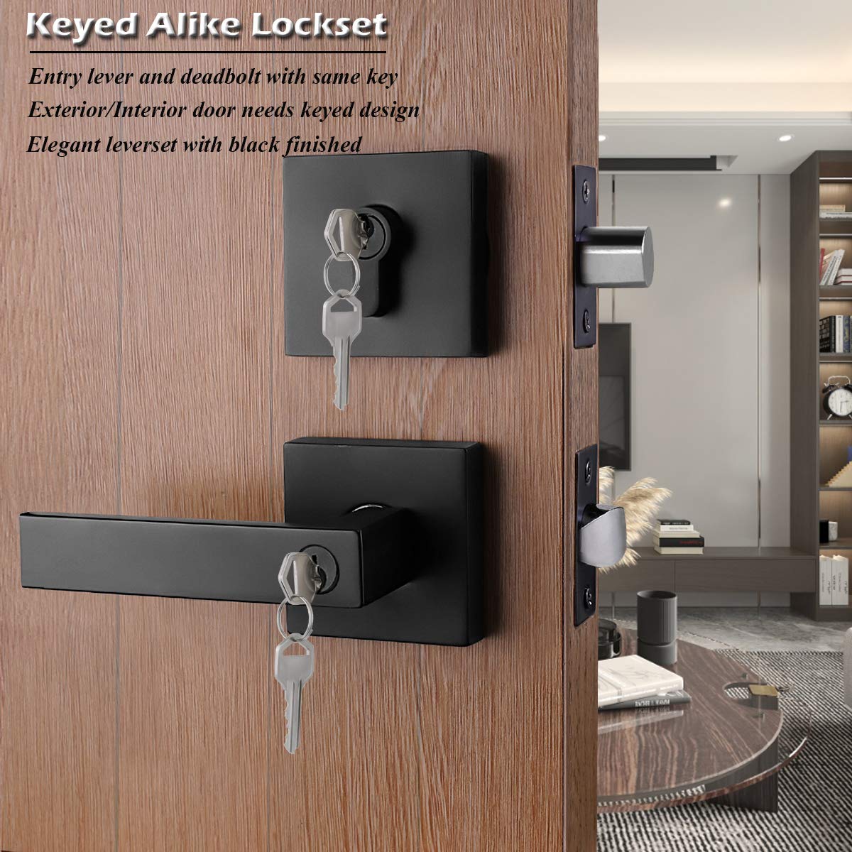 Gobrico 2-Pack Matte Black Exterior Door Lever & Deadbolt Combo Set - Keyed Alike Square Handle with Double Cylinder Deadbolt - Entry Door Lockset Hardware for Home, Office & Commercial Security
