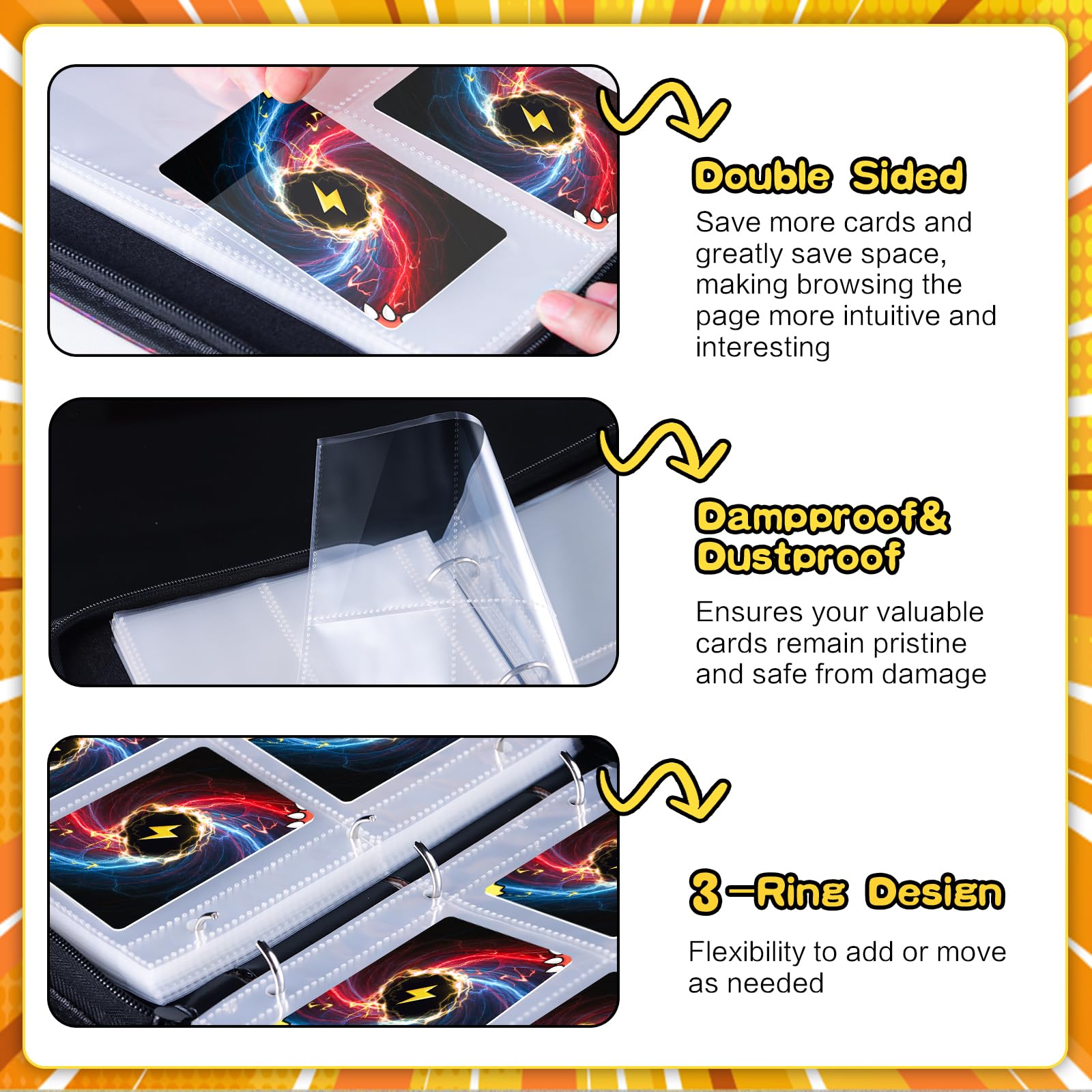 Waterproof 4-Pocket Trading Card Binder - 400 Capacity Card Holder Album with 50 Removable Sleeves, Durable Storage & Display Case for Collectors (Black) - Perfect for Pokemon, Yu-Gi-Oh, MTG & Sports Cards Organization