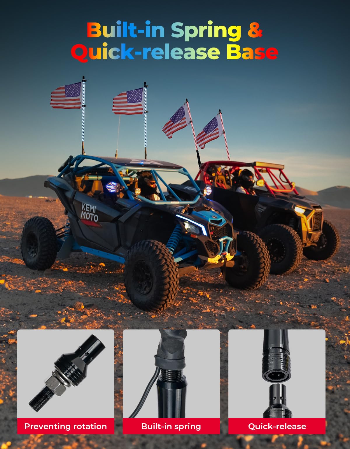 KEMIMOTO 2-Pack 3ft COB Whip Lights with 1440 LEDs - High Density Bluetooth App-Controlled LED Whip Lights for UTV, ATV, Side by Side, Buggy - Compatible with Can-Am Maverick X3 & Polaris RZR - Perfect for Off-Roading, Night Rides & Trail Adventures