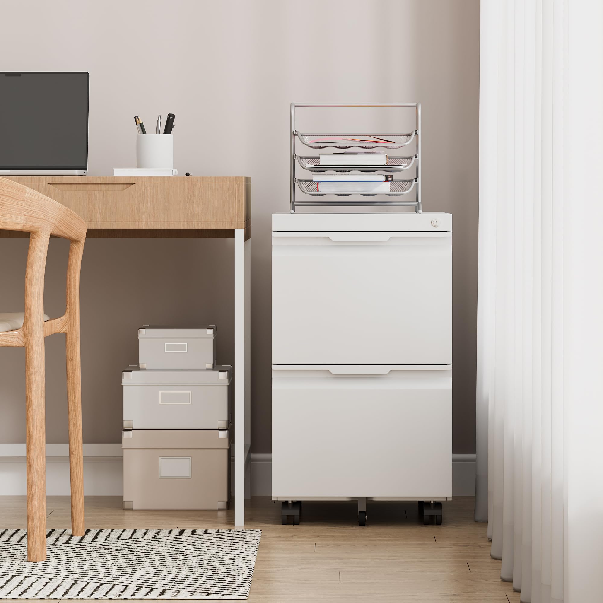 2-Drawer Locking File Cabinet with Wheels - Mobile Storage for Legal, Letter & A4 Files - Home Office Organization Under Desk - White - Perfect for Small Spaces & Document Security