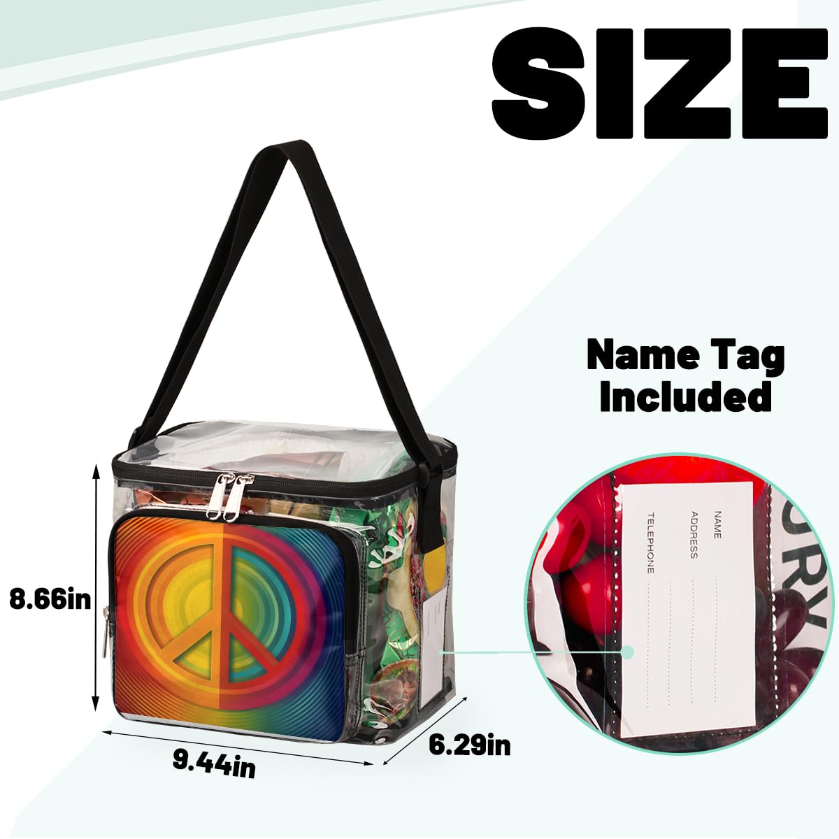 GzLeyigou Clear Peace Symbol Tote Bag with Handles - Transparent Crossbody Shoulder Bag for Lunch, Outdoor Activities, Travel, Picnics, Concerts & Sports Events | Stadium Approved Multipurpose Purse for Women & Men | Perfect for Music Festivals, Beach Days and Stadium Security Checks