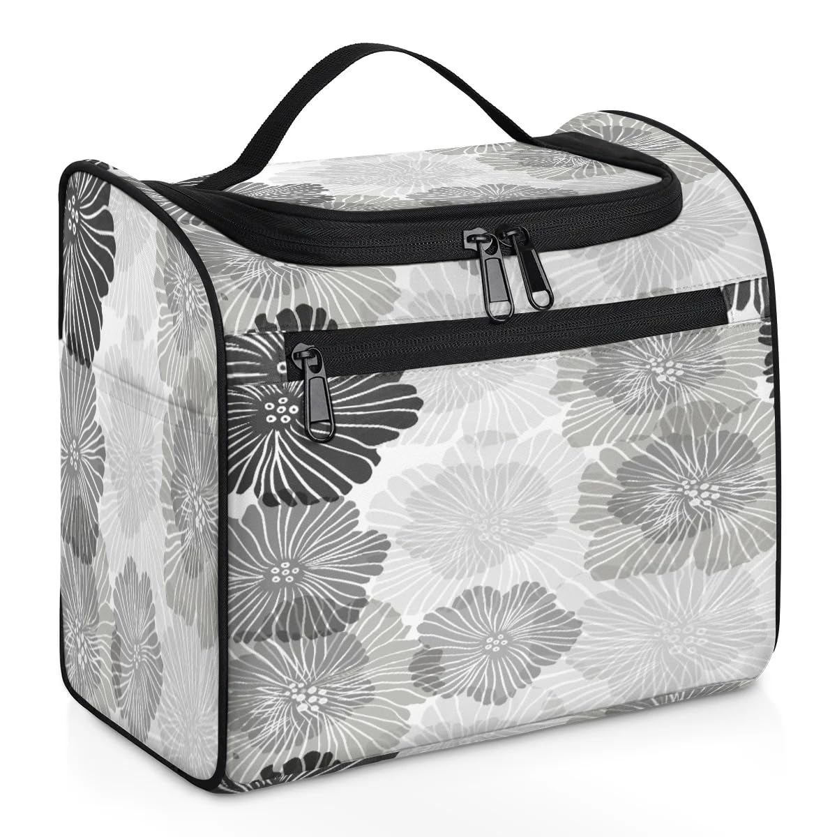 Light Gray Floral Hanging Toiletry Bag for Women & Girls - Multi-Compartment Cosmetic Makeup Organizer - Large Travel Toiletry Bag with Hanging Hook - Perfect for Travel, Camping & Gym Essentials