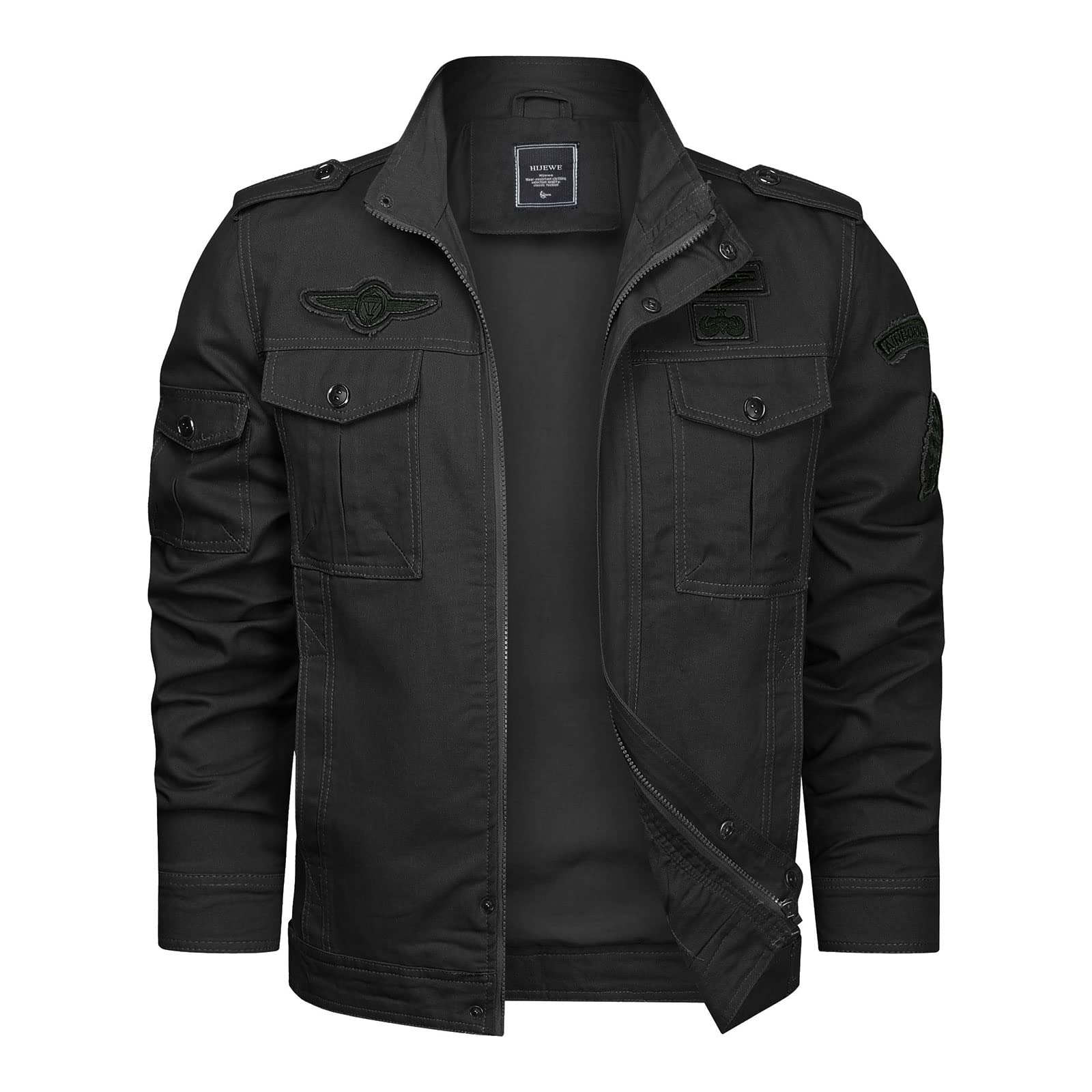 HIJEWE Men's Military Jacket - Cotton Utility Coat for Spring & Fall | Durable Army Cargo Bomber Jacket with Stand Collar & Multiple Pockets | Perfect for Outdoor Adventures, Hiking & Casual Wear