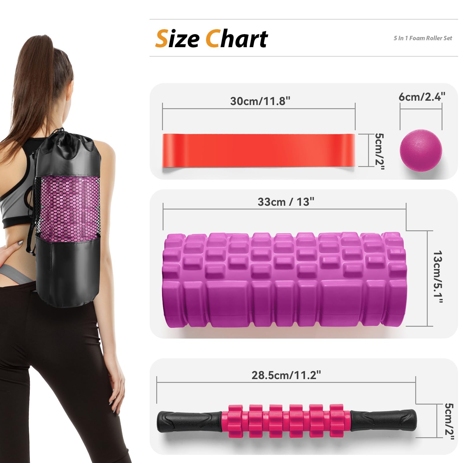 5 in 1 Foam Roller Set for Deep Tissue Muscle Massage & Recovery - Trigger Point Fitness Patented Exercise Foam Roller, Massage Roller, Massage Ball & Stretching Strap - Full Body Pain Relief for Athletes, Yoga & Post-Workout Recovery (Pink-Black)