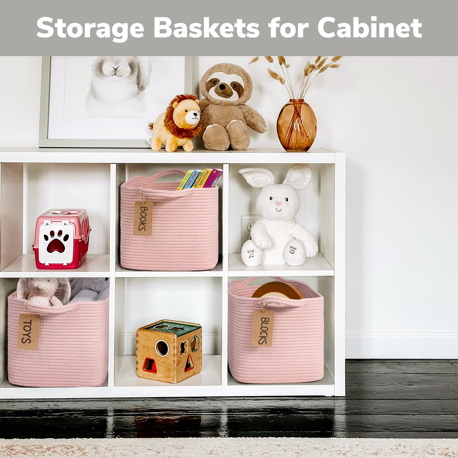 Goodpick 3-Pack Woven Rope Storage Baskets - 13x10x9 Inch Pink Organizing Bins with Handles for Toys, Books, Home Decor | Perfect for Closet, Nursery, Living Room & Gift Packaging
