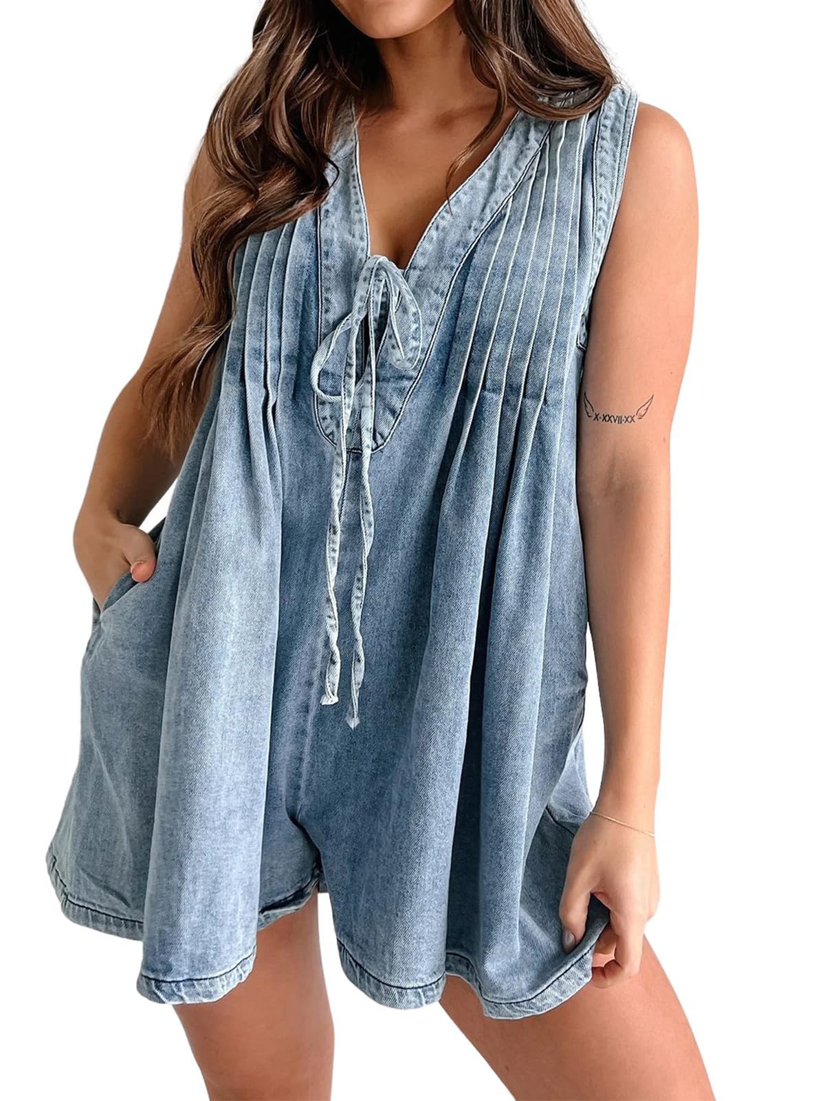 UTCoco Women's Summer Casual Sleeveless Denim Romper - Tie Front V Neck Jean Overalls with Pockets | Beach Outfit, Streetwear, Vacation Wear
