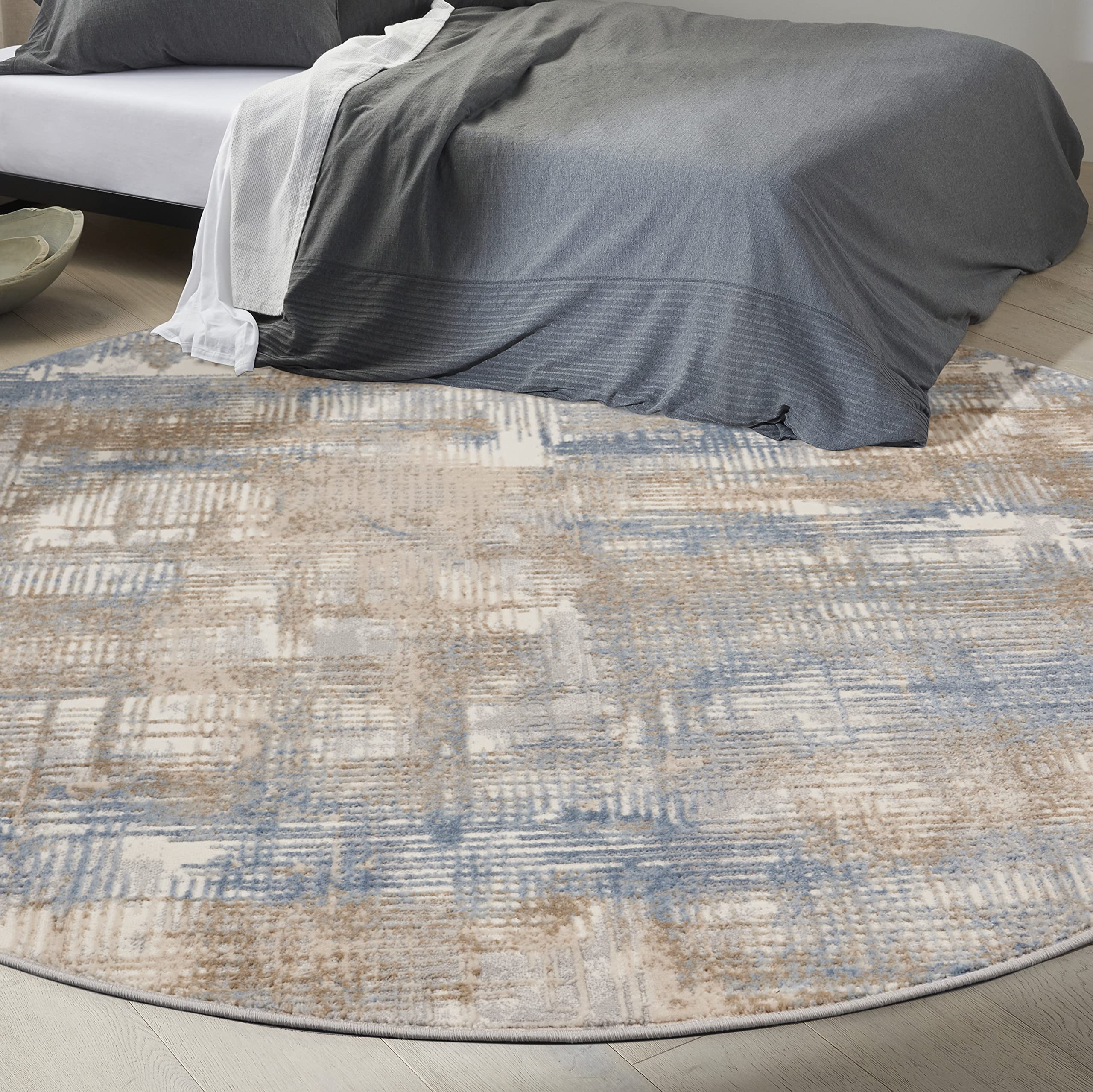 Calvin Klein Rush Blue/Beige 8' Round Modern Abstract Area Rug - Non-Shedding & Easy to Clean - Perfect for Bedroom, Living Room, Dining Room & Kitchen Decor