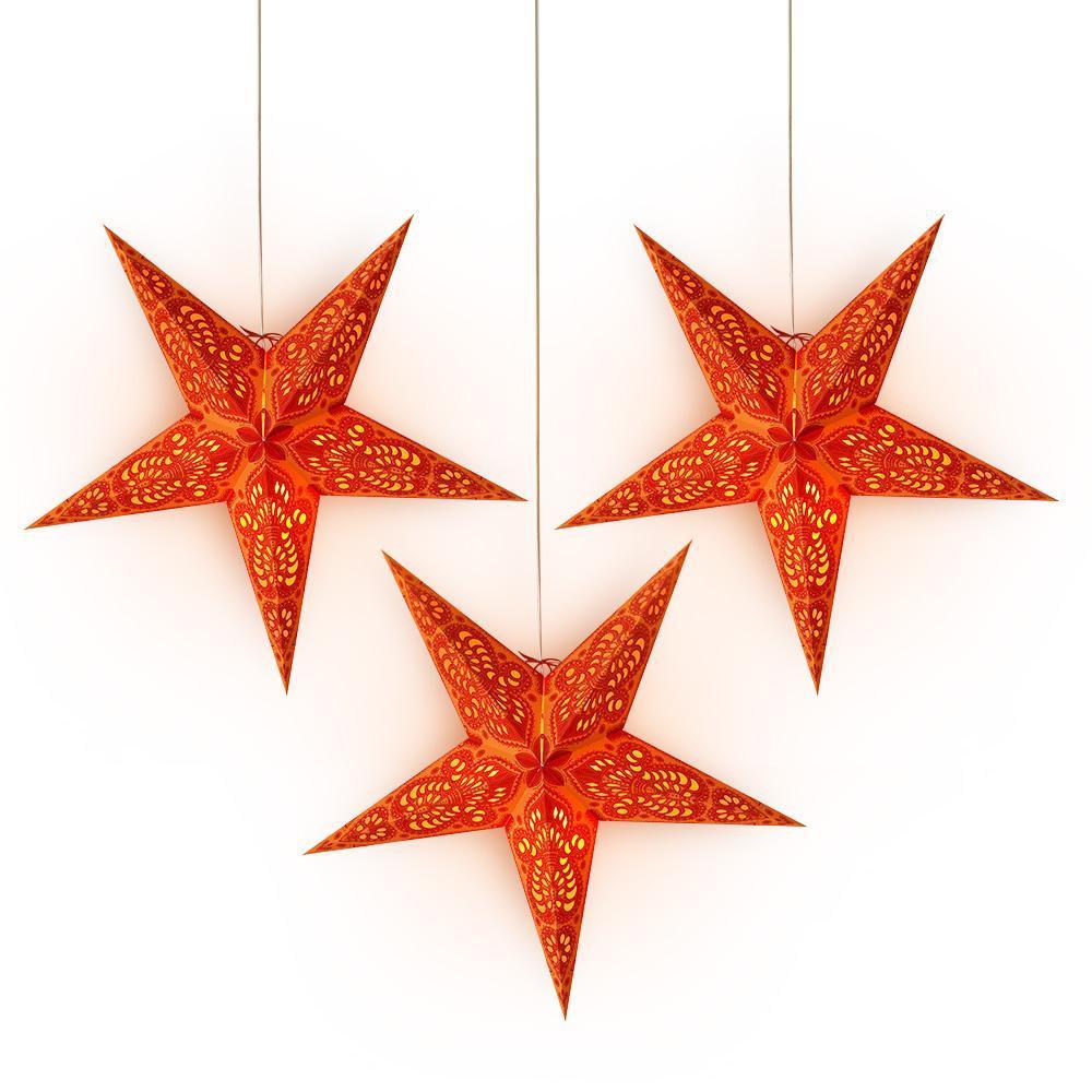 3 Pack 24 Inch Orange Peacock Paper Star Lanterns with LED Bulbs & Lamp Cord - Hanging Party Decorations for Christmas, Wedding, Festival & Home Decoration