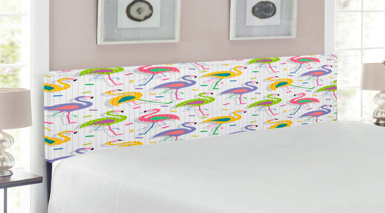 Ambesonne Flamingo Headboard - Colorful Retro Vintage Flamingo Pattern with Polka Dot Checked Background, Upholstered Decorative Metal Bed Headboard with Memory Foam - King Size, Multicolor - Perfect for Bohemian & Tropical Bedroom Decor