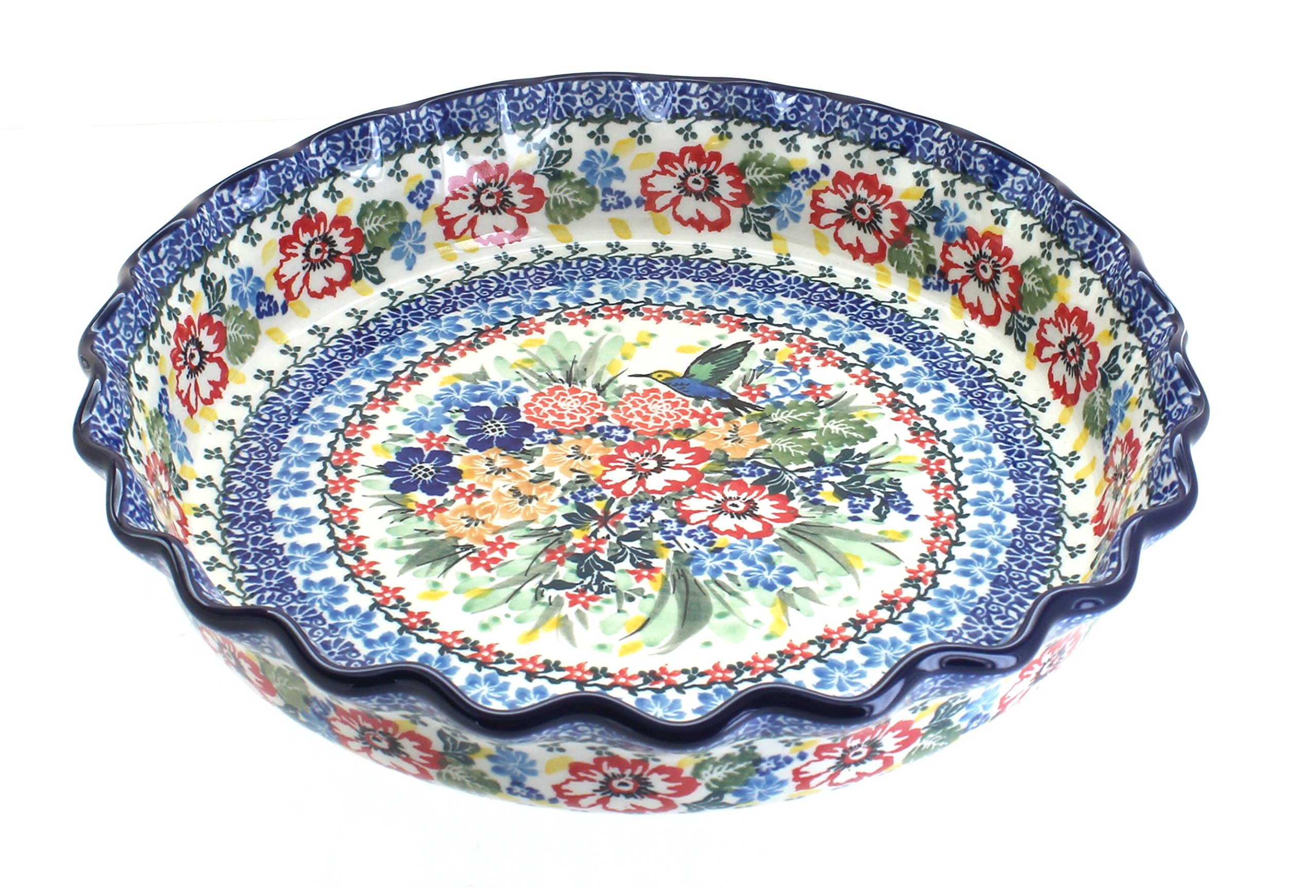 Hand-Painted Blue Rose Polish Pottery Hummingbird Pie Plate - Traditional Ceramic Baking Dish for Desserts, Pies & Home Decor - Perfect for Thanksgiving, Christmas & Special Occasions