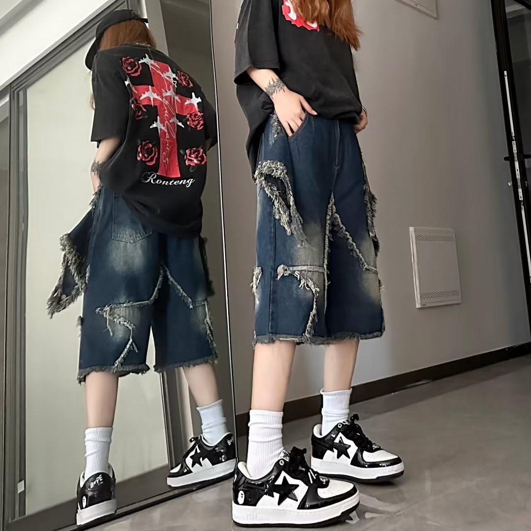 Y2K Jean Jorts Star - Baggy Casual Loose Straight Wide Leg Denim Shorts for Women | Patchwork Grunge Harajuku Streetwear | Perfect for Summer Outfits, Music Festivals & Retro Fashion