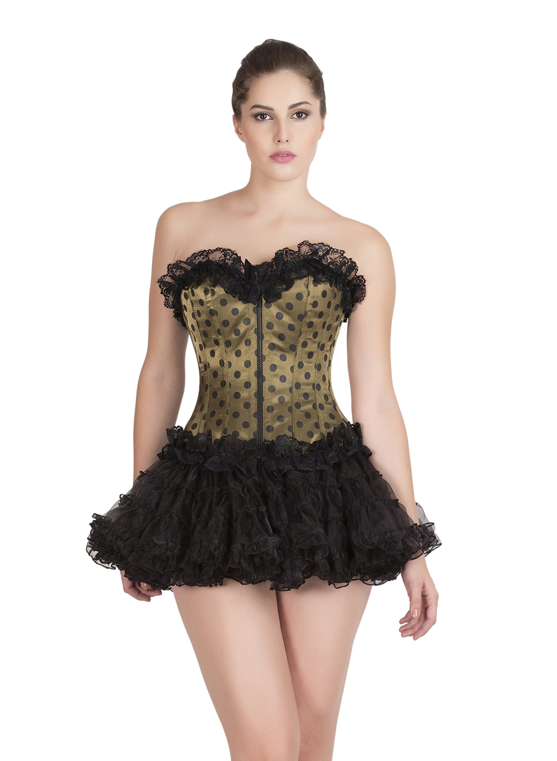 Black Polka Dot Olive Green Satin Overbust Corset Dress with Tutu Skirt - Gothic Bustier for Women, Perfect for Halloween Costumes, Cosplay, Burlesque Shows and Vintage Fashion Events