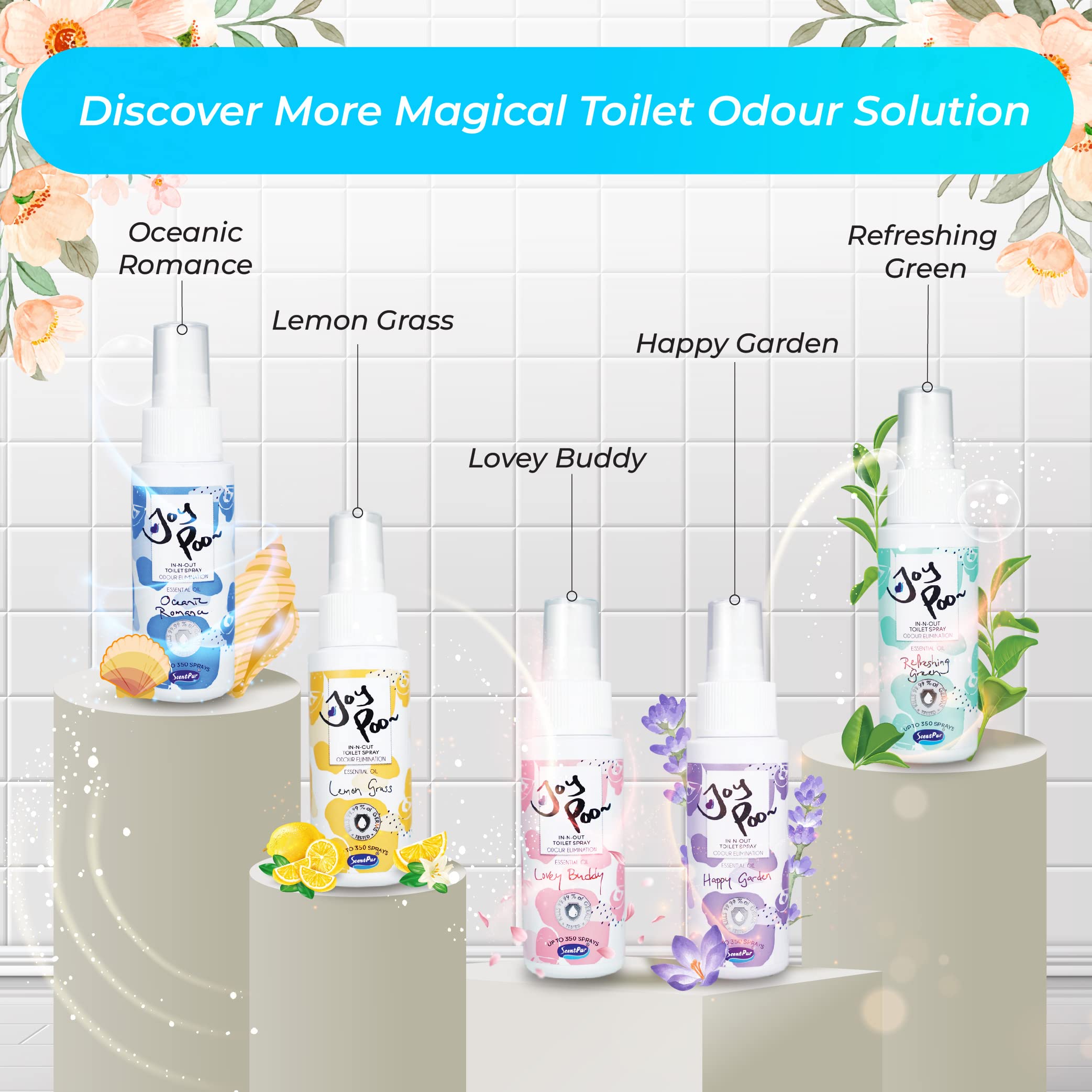 JoyPoo Natural Essential Oil Odor Eliminator Spray Set - 4X Lemongrass, 3X Oceanic Romance, 3X Lovely Buddy (2oz/Bottle, 350 Sprays Each) - Freshen Home, Car, Gym & Pet Areas - Non-Toxic Air Freshener for Daily Use