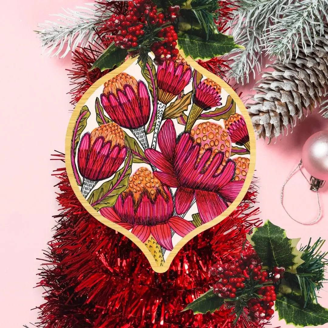 Australian Waratah Flowers Wooden Christmas Ornament - Handcrafted Holiday Decor for Tree, Gift, and Home Decoration