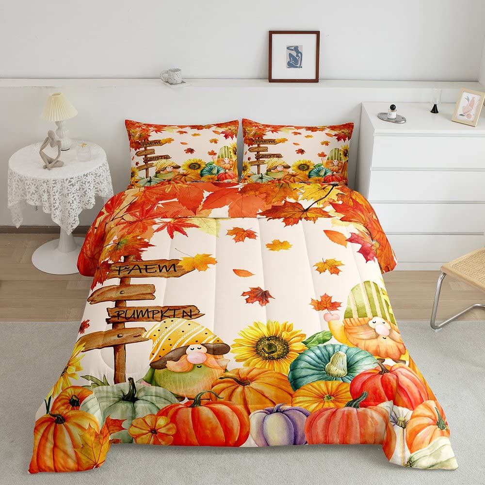 Castle Fairy Pumpkin Comforter Set - Maple Leaves Autumn Bedding for Kids, Girls, Women & Adults - Farmhouse Quilted Duvet Cover - Twin Size 2-Piece Bedroom Collection - Perfect for Fall Decor, Cozy Farmhouse Style & Seasonal Bedroom Makeover