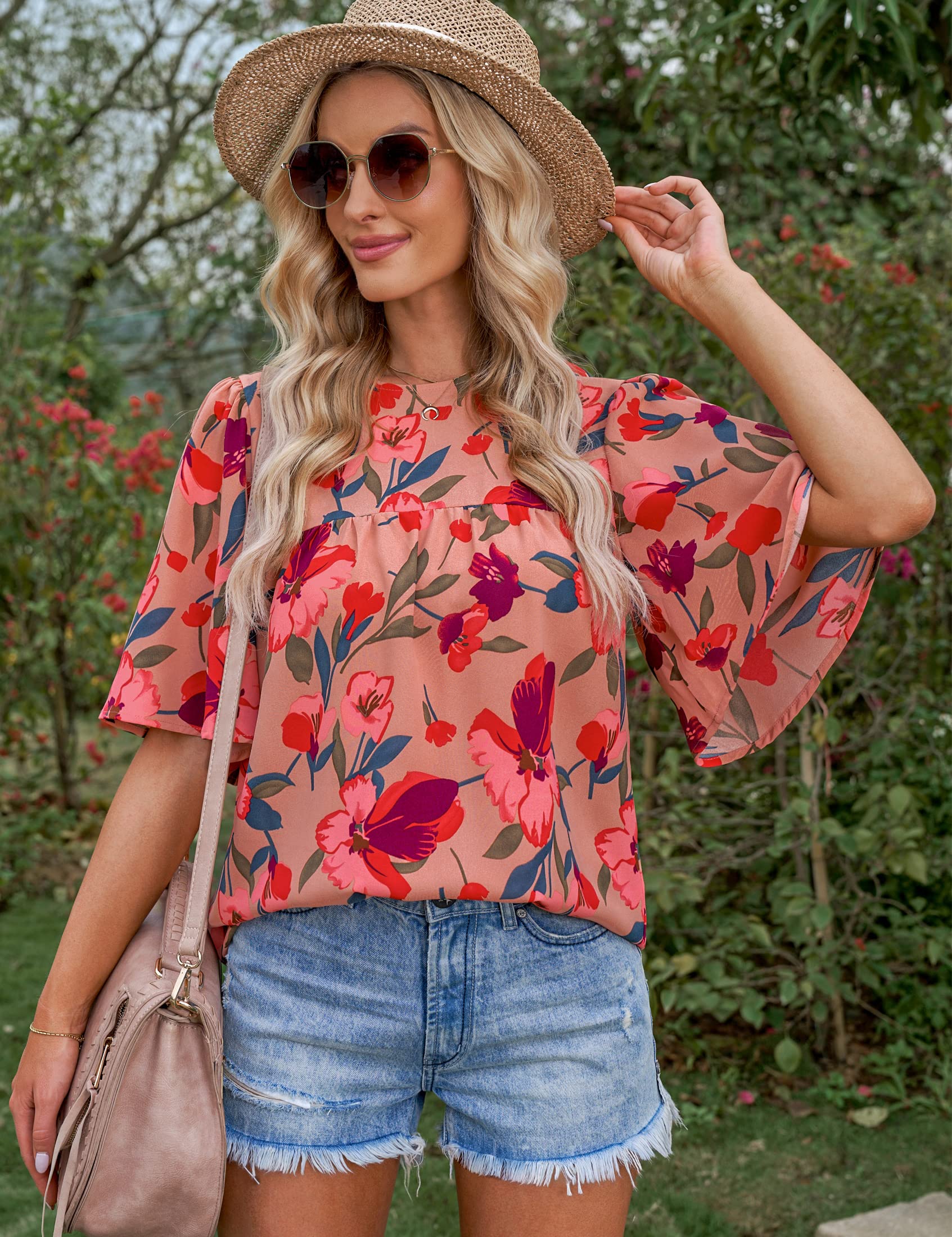 Luvamia 2024 Women's Floral Boho Blouses - Dressy Casual Babydoll Tops with Short Bell Sleeves | Summer Flowy Shirts for Beach, Party & Office Wear