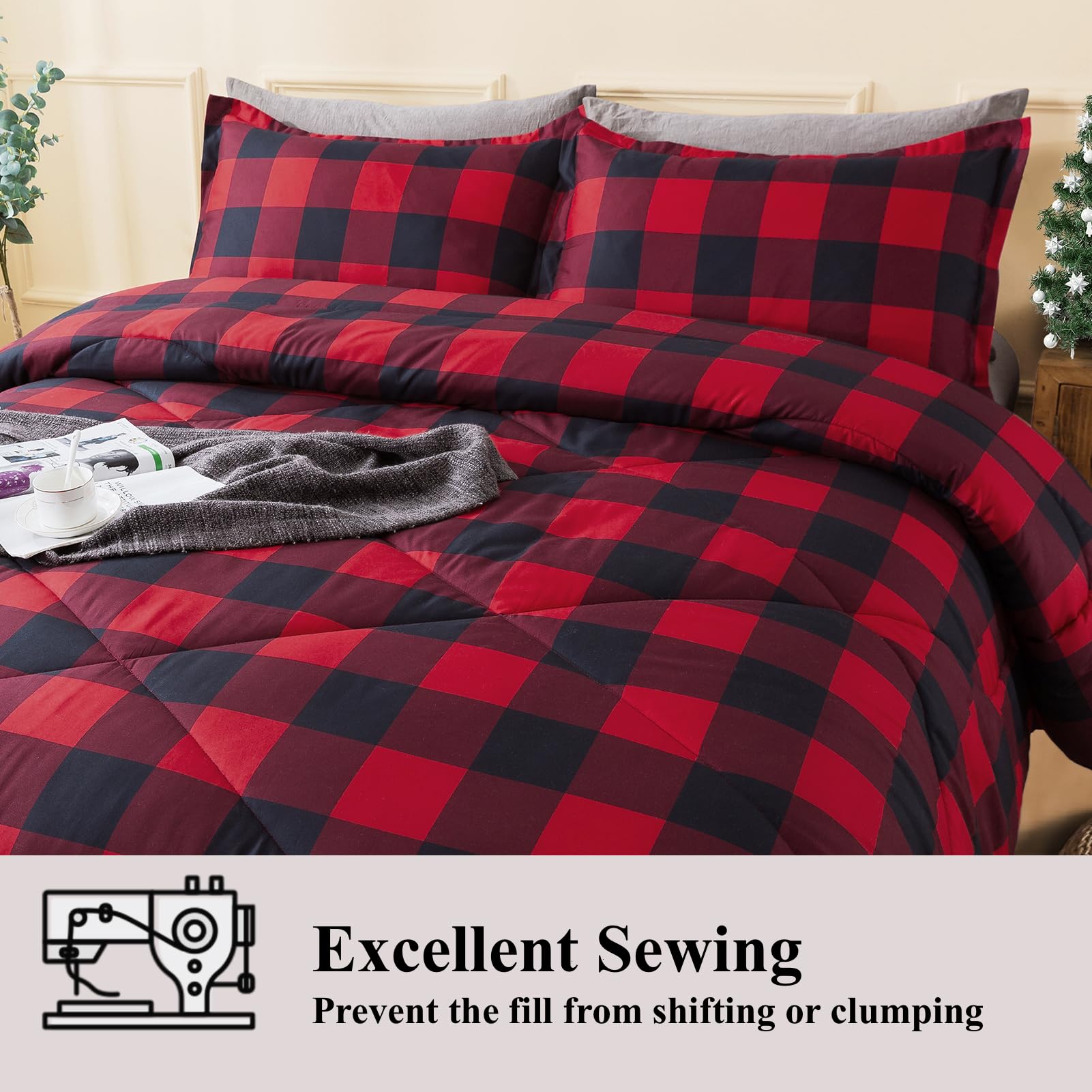 Red Burgundy Black Checkered Twin Comforter Set - 66x90 Inch Lightweight Microfiber Plaid Bedding with Pillowcase | Buffalo Check Geometric Grid Design for Cozy Bedroom Decor
