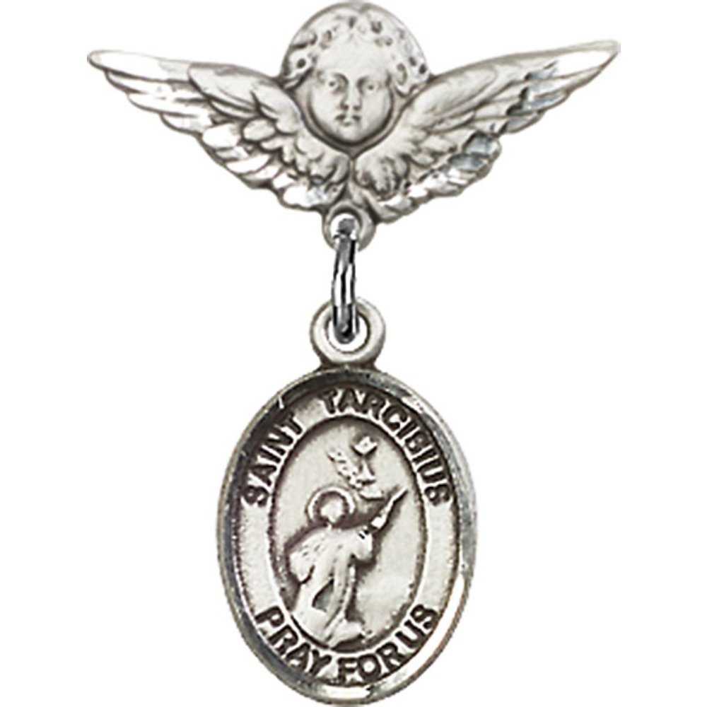 Sterling Silver Baby Badge with St. Tarcisius Charm & Angel Wing Pin - 7/8
