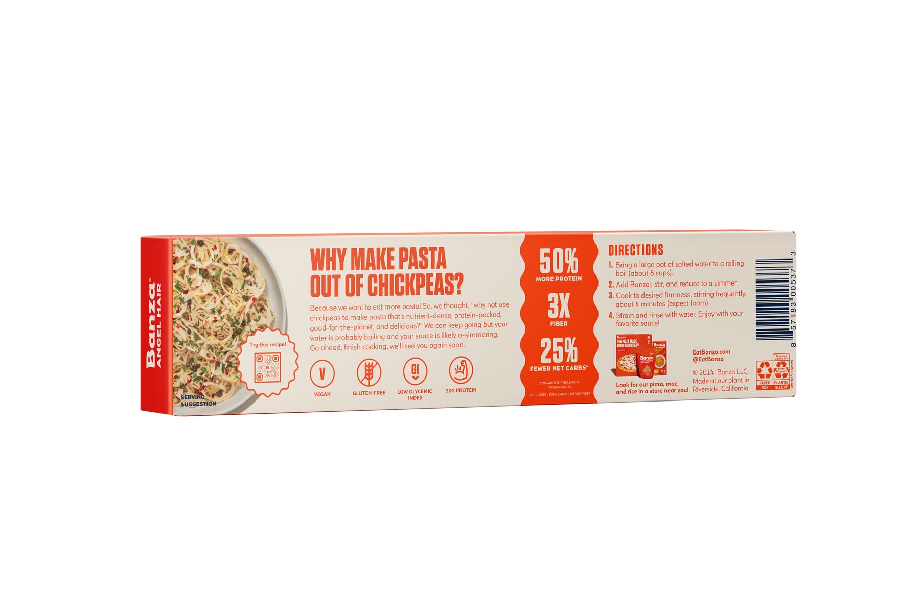Organic Banza Angel Hair Chickpea Pasta - Gluten Free, High Protein, Vegan Pasta - 8 oz (Pack of 12) - Perfect for Healthy Meals, Quick Dinners & Keto Diet