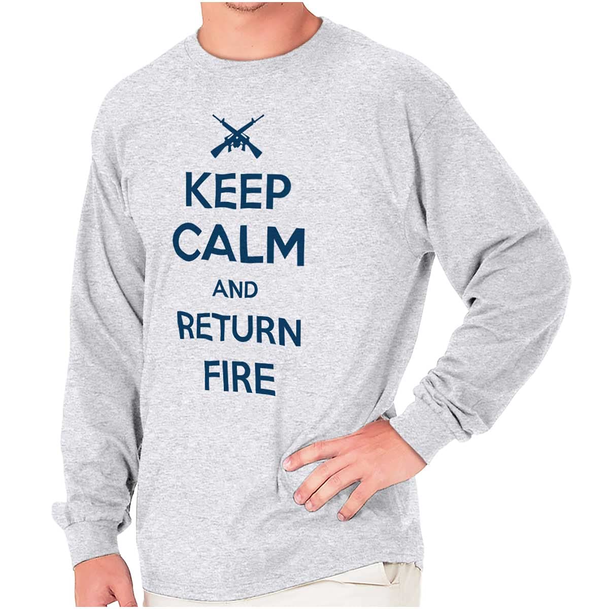 Brisco Brands Keep Calm Return Fire 2nd Amendment Long Sleeve T-Shirt for Men & Women - Pro Gun Rights Patriotic Shirt for Shooting Range, Hunting & Political Events