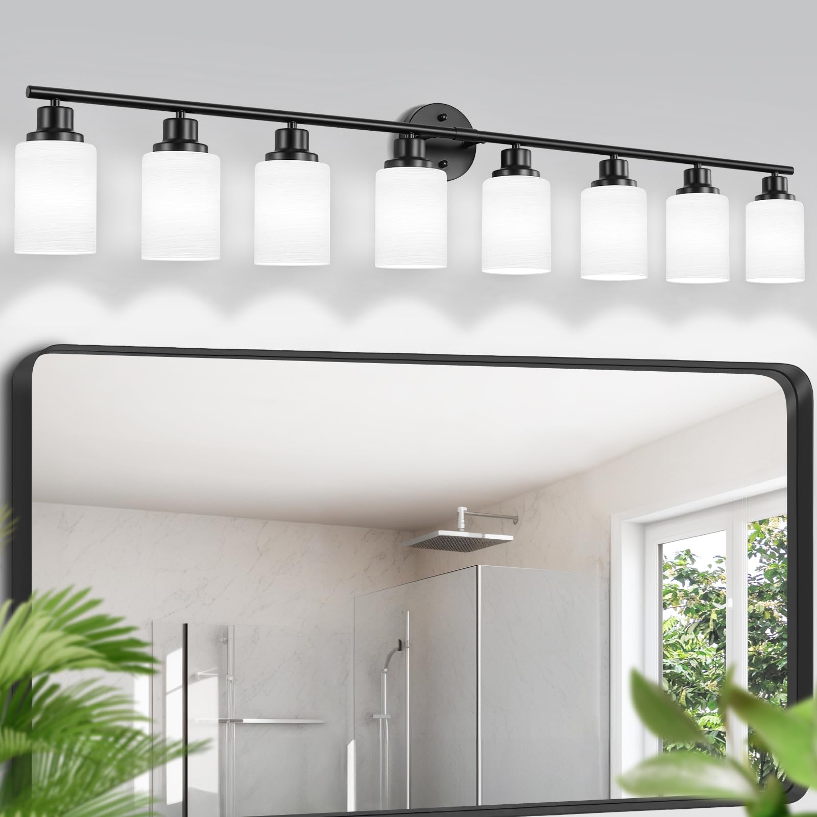 8-Light Modern Bathroom Vanity Fixture - Matte Black Wall Sconce with Milky White Frosted Glass Shades for Bathroom & Bedroom Lighting | Perfect for Vanity Mirror, Makeup Area and Dressing Room Illumination