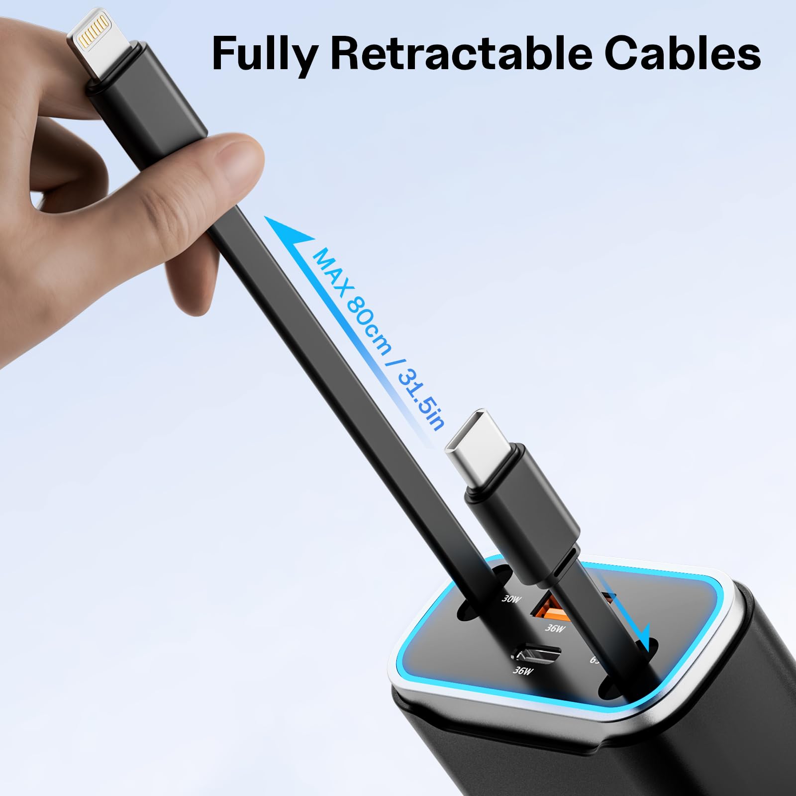 131W Retractable Car Charger with 4 USB Ports - Fast Charging USB C Car Adapter for iPhone 16/15/14/13/12/11 Pro Max - Perfect for Road Trips & Daily Commute