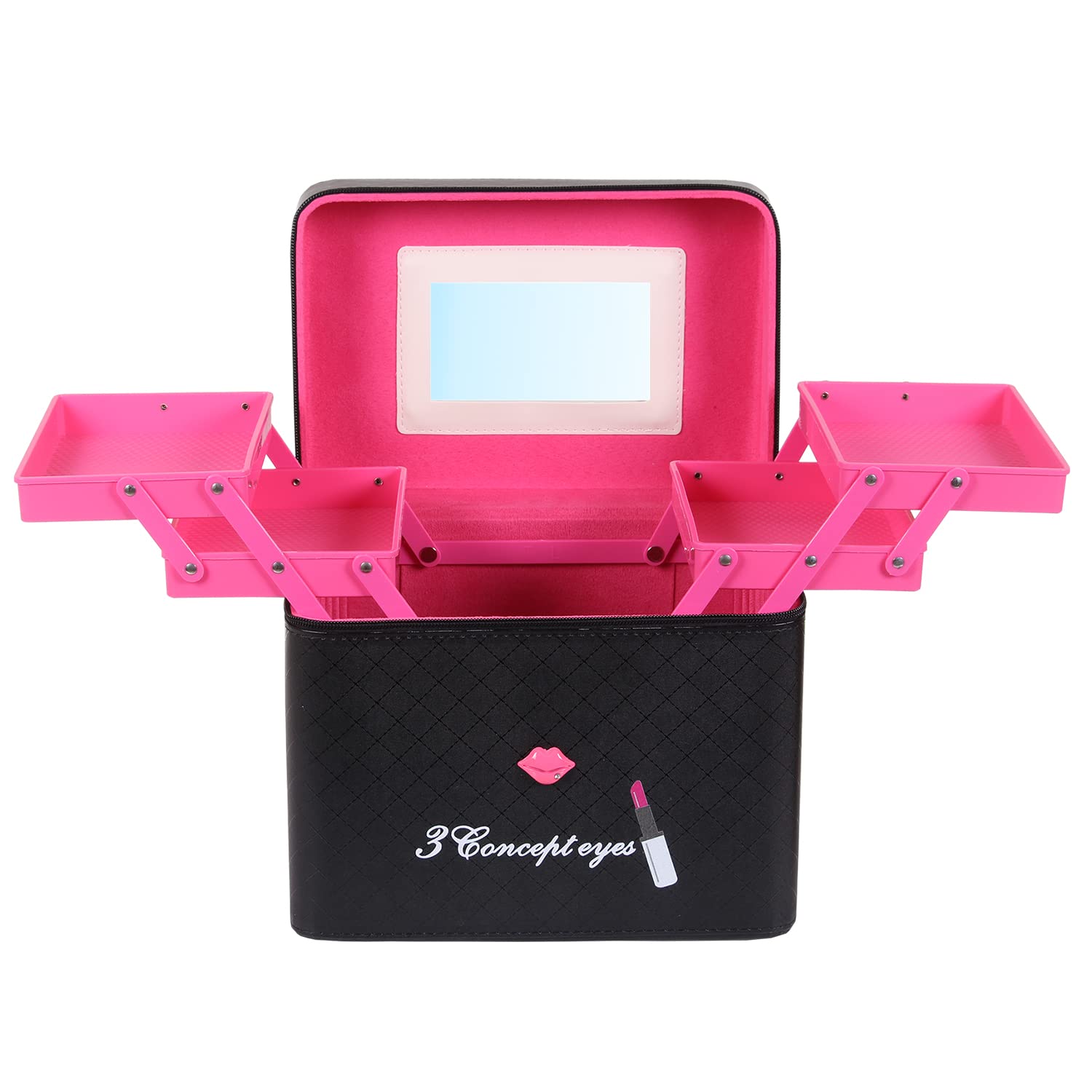 Premium Leather Cosmetic Organizer Box with Mirror | 2-Sided Open Makeup Vanity Case for Brushes & Cosmetics | Perfect for Travel, Home Vanity & Professional Makeup Artists (Black)
