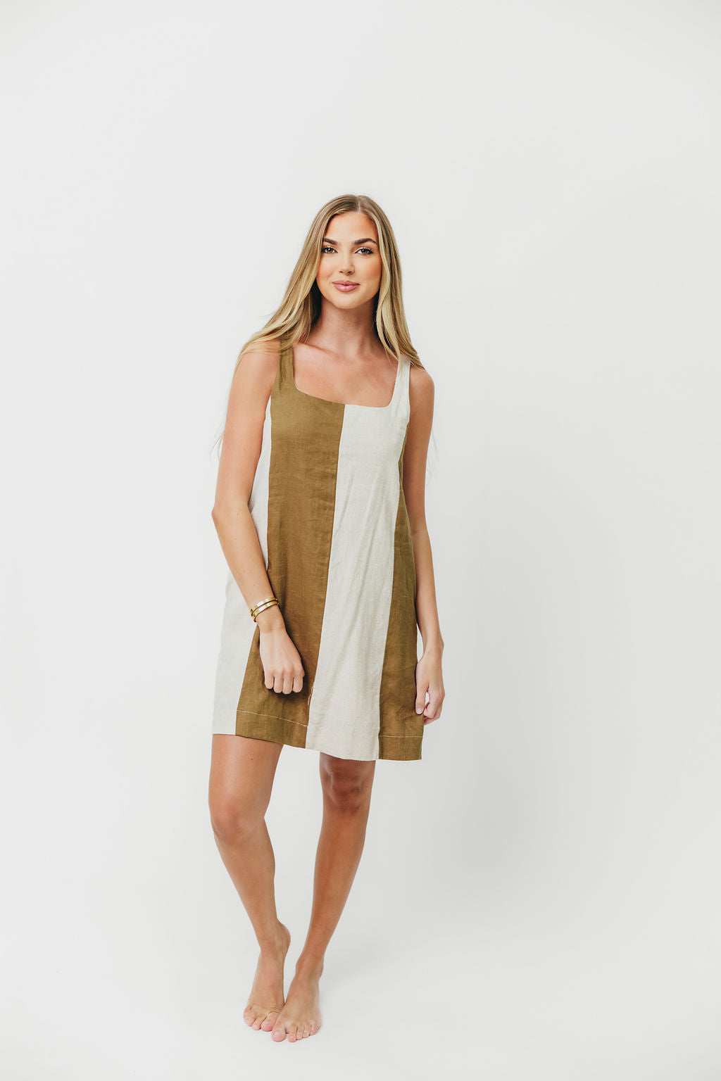 100% Linen Color Block Mini Dress - Olive & Oatmeal | Kenya Handmade Summer Dress for Beach, Vacation & Casual Wear