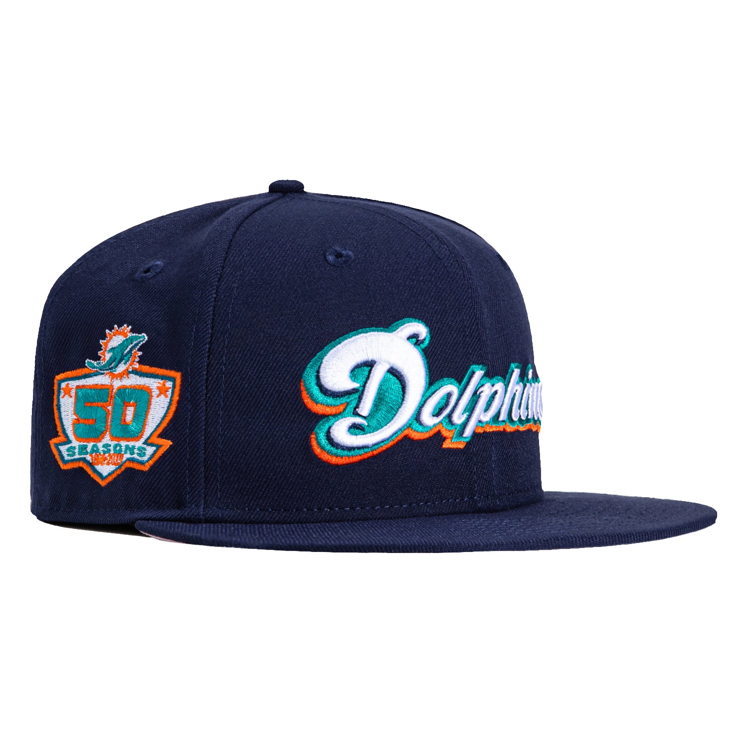 New Era 59Fifty Miami Dolphins 50th Anniversary Patch Script Hat - Light Navy | NFL Officially Licensed Snapback Cap for Men & Women | Perfect for Football Games, Fan Collections & Streetwear Fashion