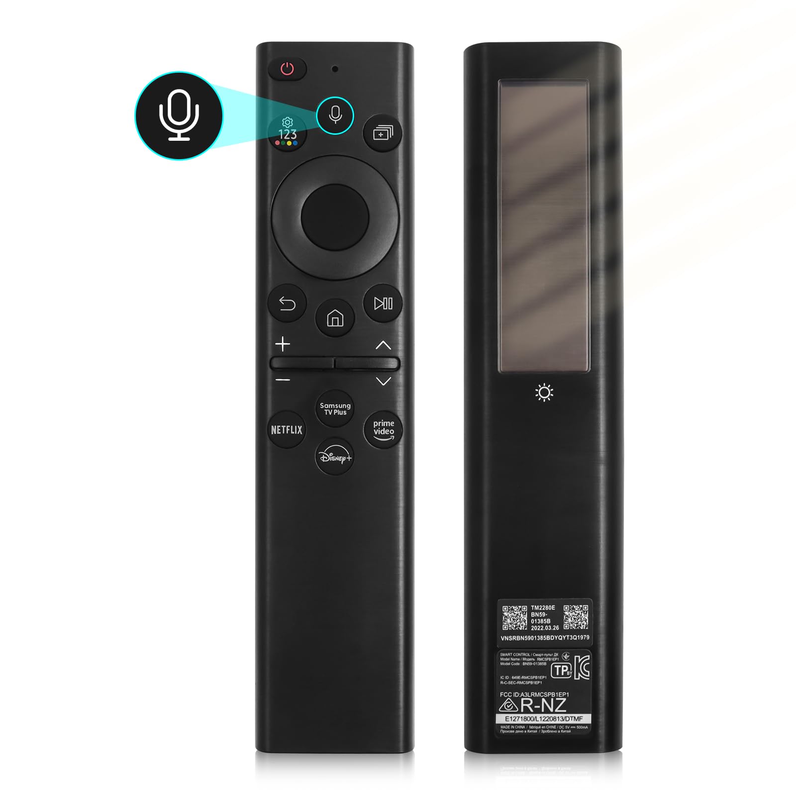 Solar-Powered Bluetooth Voice Remote for Samsung Smart TVs - BN59-01385A Replacement with Rechargeable Battery - Compatible with Frame, Neo, LED, Ultra HD TVs - Perfect for Home Entertainment & Smart TV Control