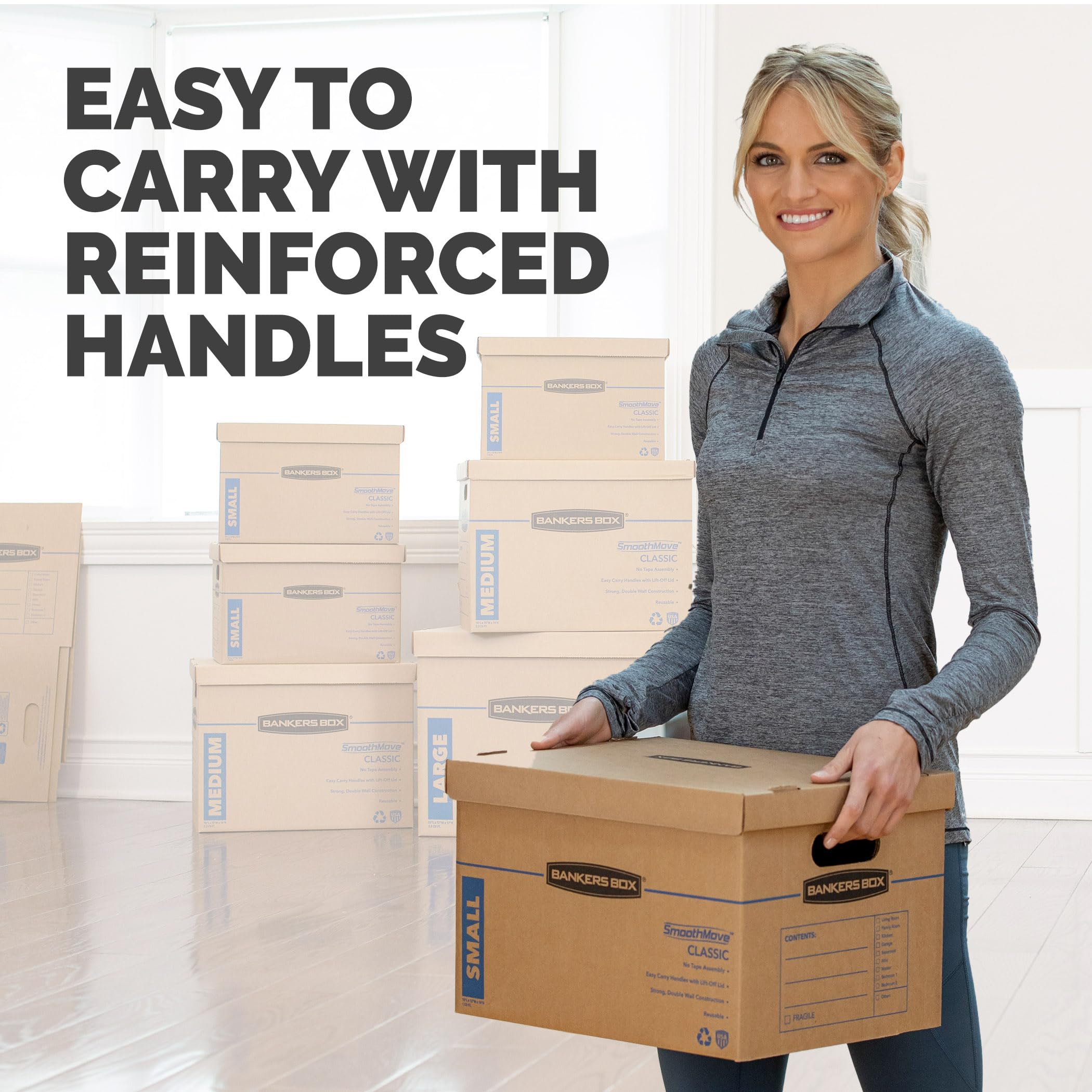 Bankers Box Small Classic Moving Box 10 Pack - Reinforced Handles, Tape-Free Assembly, 15x12x10 Inches with Lid (7714901) - Perfect for Home Office Storage, Moving Supplies & Document Organization