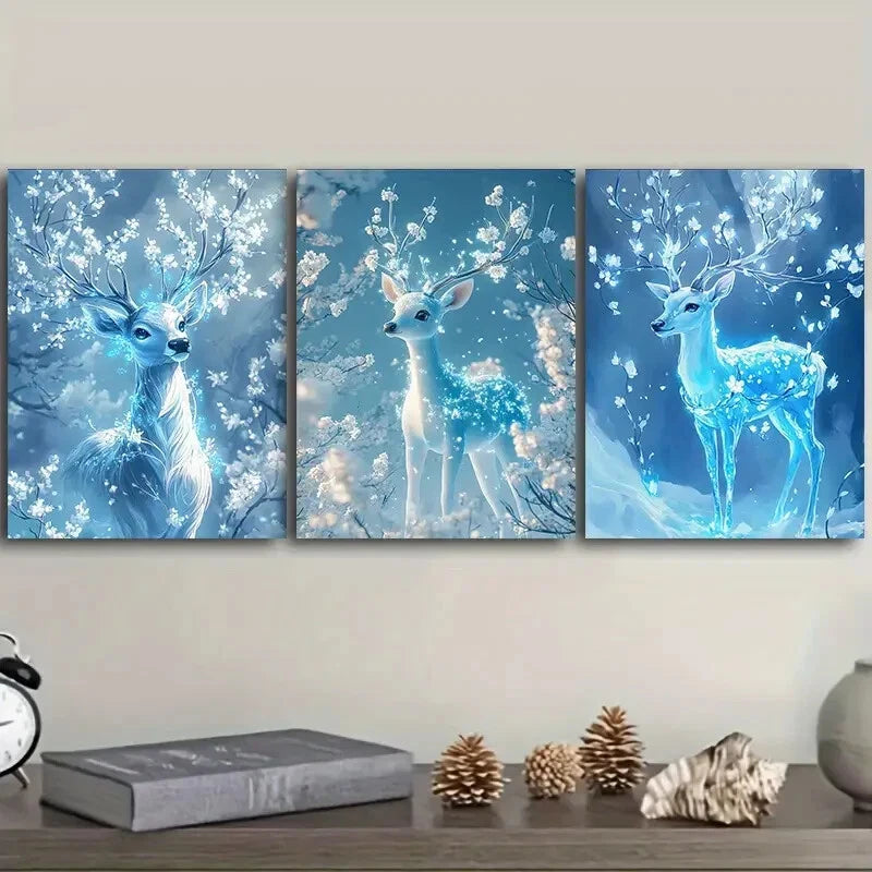 3-Piece Deer with Ice Blue Wall Art Set - Framed Canvas 40x60cm (16x24in) - High Quality Print - 100% Australian Made - Ready to Hang - Perfect for Living Room, Bedroom & Office Decor