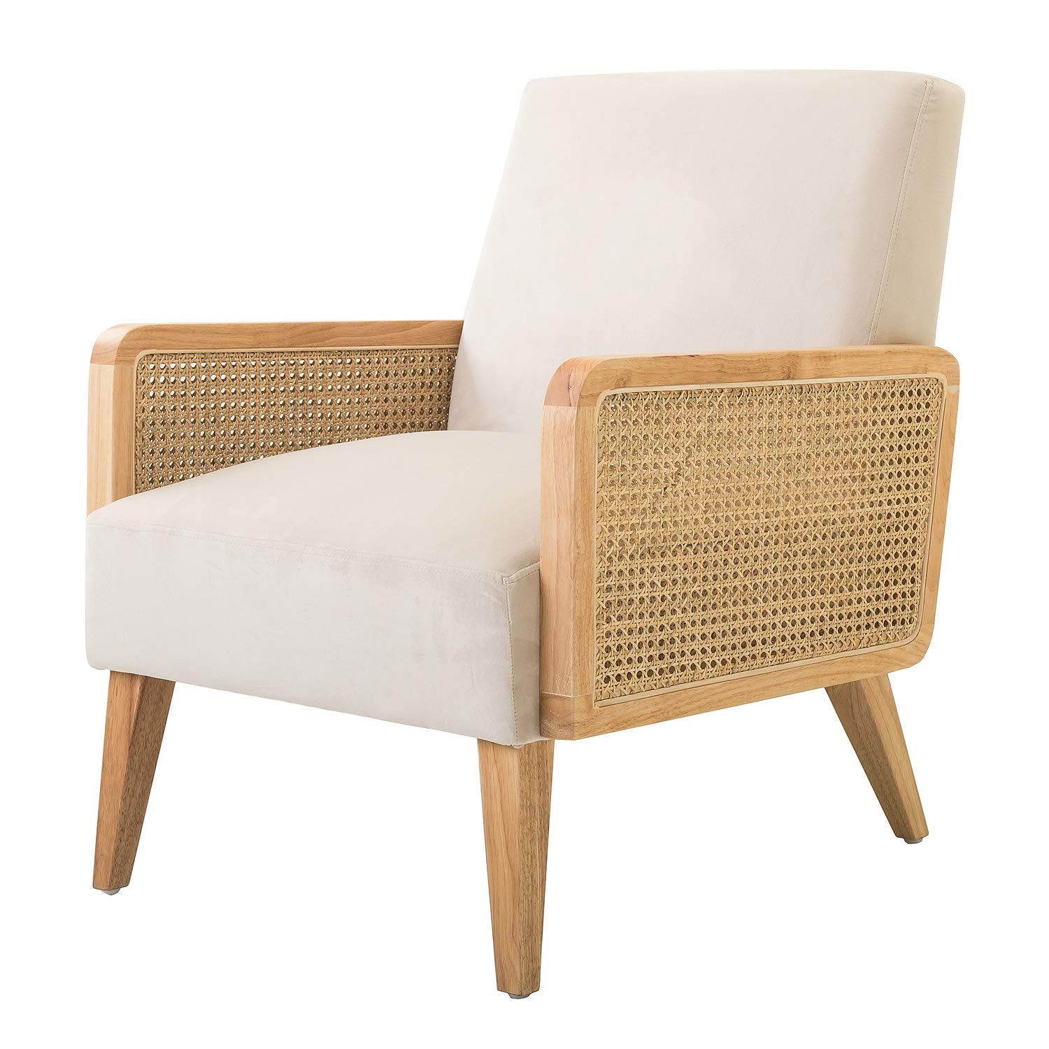 Mid Century Modern Accent Chair with Rattan Armrest & Wood Legs - Comfy Upholstered Lounge Armchair for Living Room, Bedroom, Reading Nook - Beige Home Decor | Perfect for Hosting Guests & Relaxing