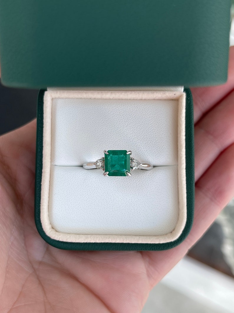 2.56 TCW 14K Gold Genuine Dark Green Emerald Asscher Cut & Diamond 3 Stone Engagement Ring for Women – Perfect for Proposals, Weddings & Anniversaries
