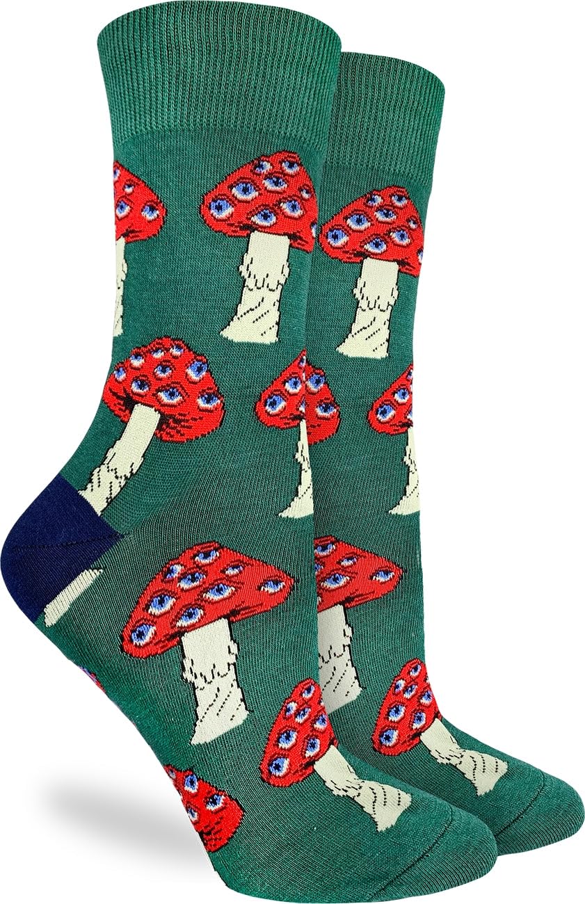 Good Luck Sock Women's Mushroom Print Crew Socks - Fun Novelty Socks for Adults, Gifts & Everyday Wear - Comfortable Casual Socks for Hiking, Yoga & Home