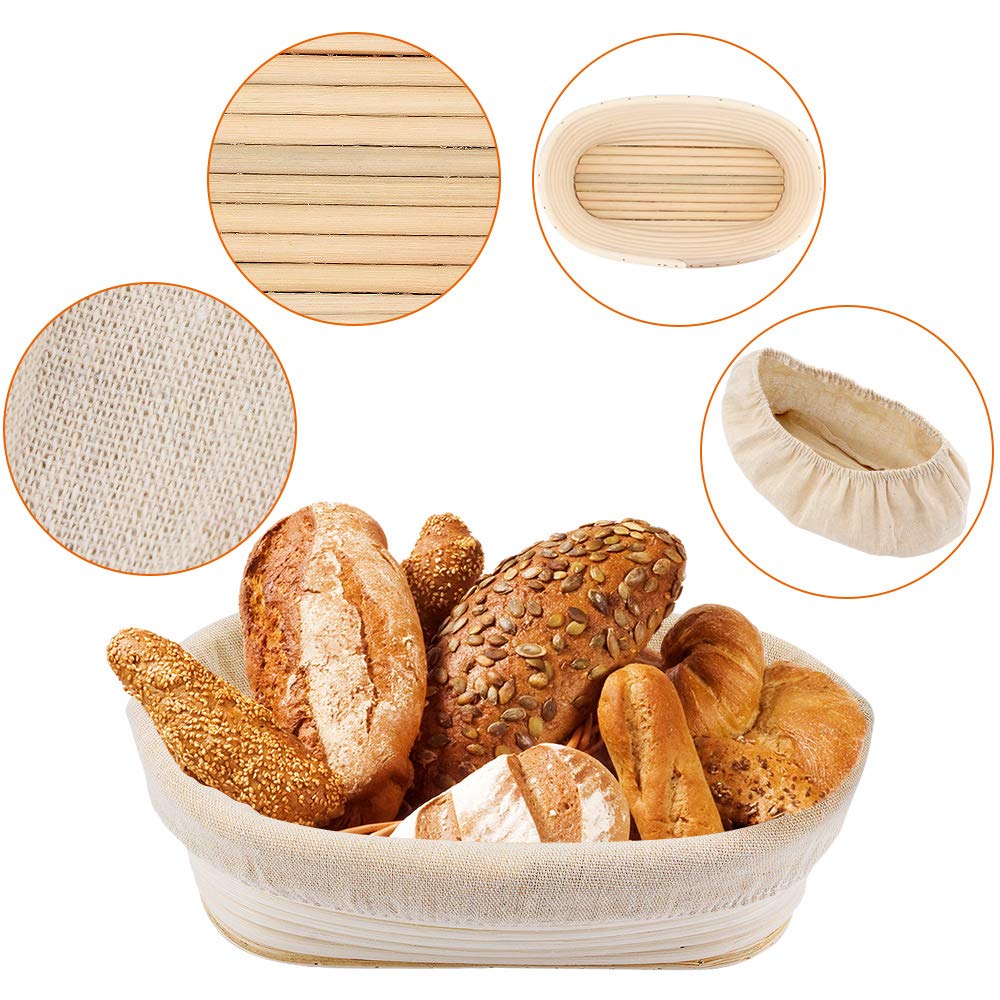 Gearific 10 Inch Oval Bread Proofing Basket - Natural Rattan Sourdough Proving Basket with Baking Kit (Includes Cloth Liner, Dough Scraper, Bread Lame, Brush & 16 Decor Stencils) - Perfect for Artisan Bread Baking, Homemade Sourdough & Rustic Loaves