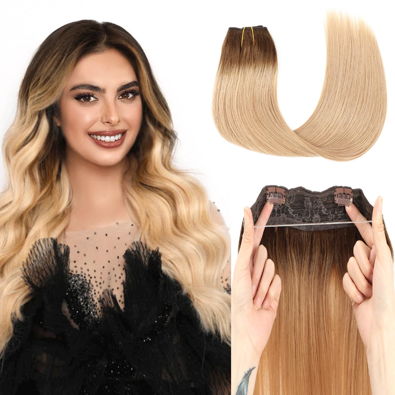Tinashe 16-Inch Real Human Hair Straight Extensions - 90g Chocolate Brown to Caramel Blonde Ombre Invisible Wire Fish Line Clip-Ins for Volume & Length | Perfect for Daily Styling, Parties & Special Occasions