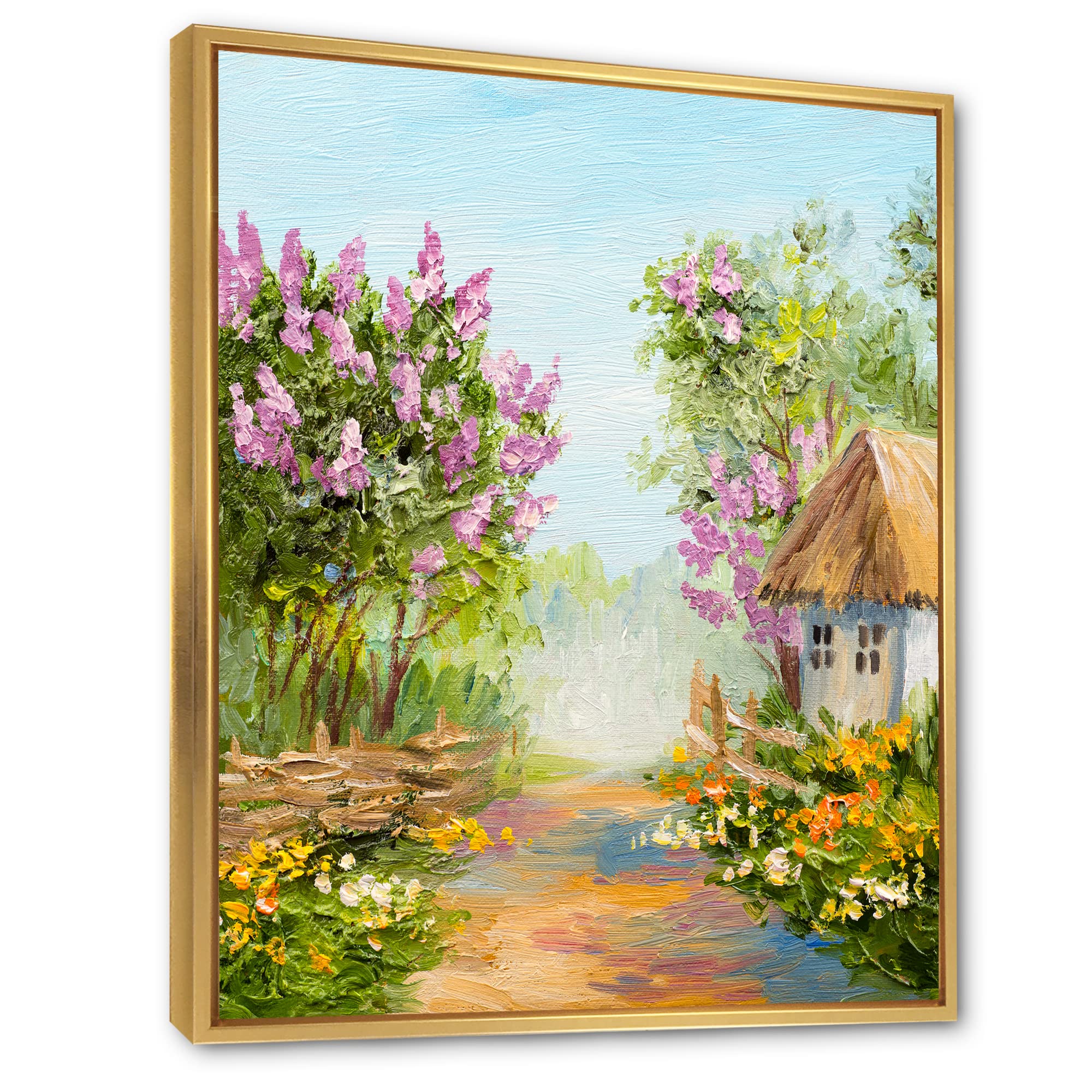 DesignQ Little House In The Blossoming Forest - Lake House Framed Canvas Wall Art Print - Nature Inspired Home Decor for Living Room, Bedroom & Office