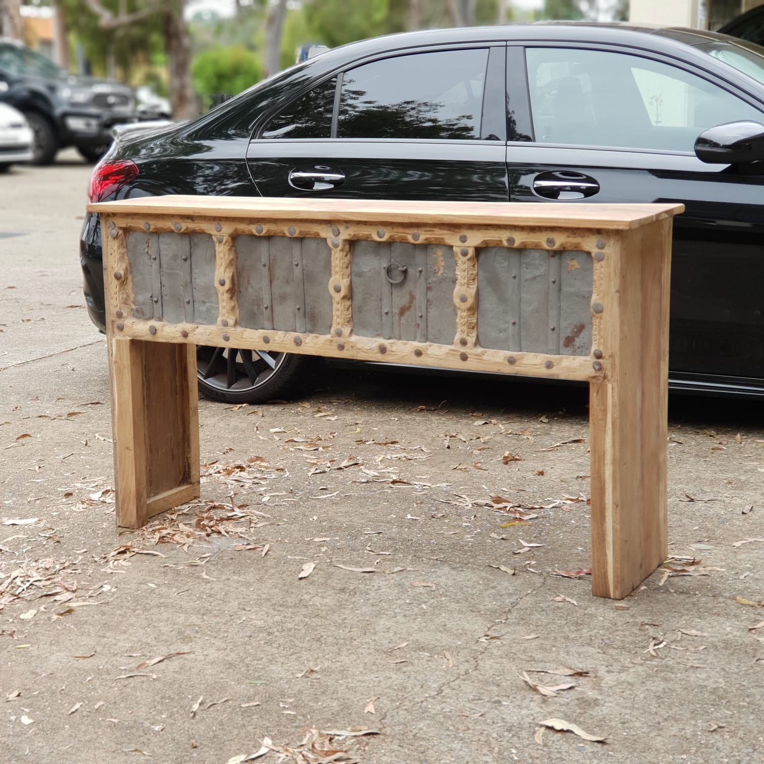 Handmade Reclaimed Wood Console Table - Rustic Carved Design with Iron Fittings | Entryway, Living Room & Hallway Decor