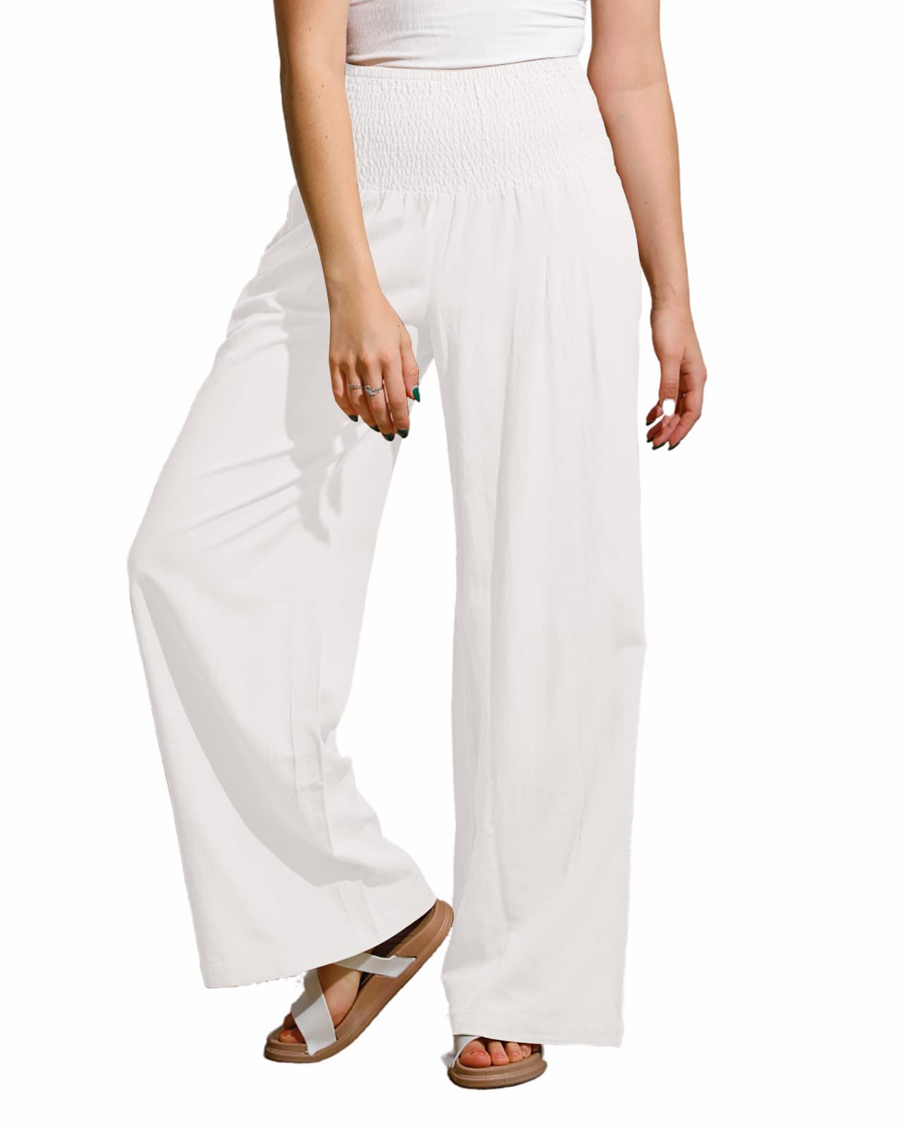 UTCoco Women's Wide Leg Linen Palazzo Pants - Casual Elastic Waist Loose Fit Trousers for Summer, Beach & Boho Style Outfits