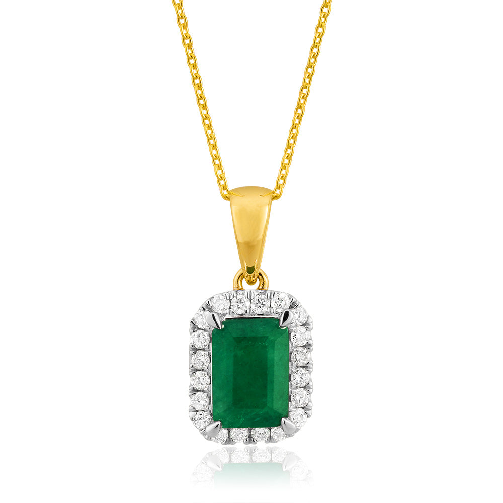 1 Carat Natural Emerald & Diamond Pendant Necklace with 45cm 9ct Yellow Gold Chain - Elegant Jewelry Gift for Women, Perfect for Weddings, Anniversaries & Special Occasions