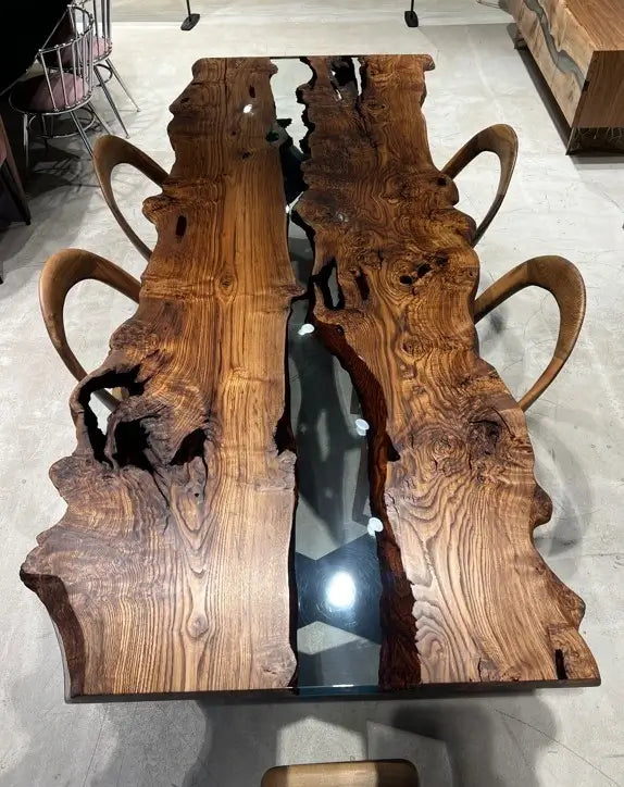 Handcrafted Live Edge Epoxy Resin River Dining Table - Solid Chestnut Wood - Perfect for Modern Farmhouse, Rustic & Contemporary Dining Rooms