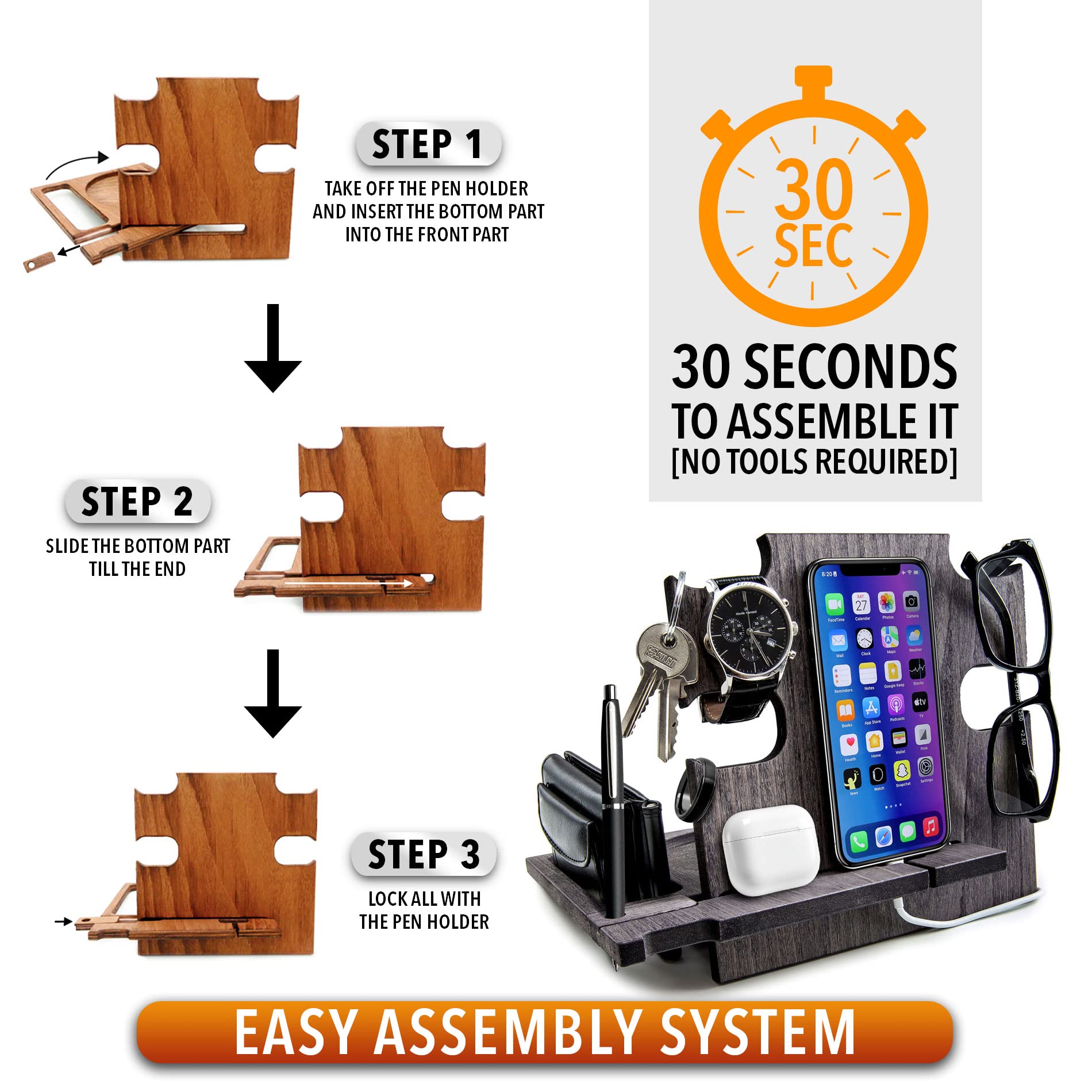 Wireless Charging Phone Dock Stand for Nightstand - Fast Qi Charger with Alarm Clock & Organizer (Slate Grey) - Perfect for Bedroom, Office & Travel