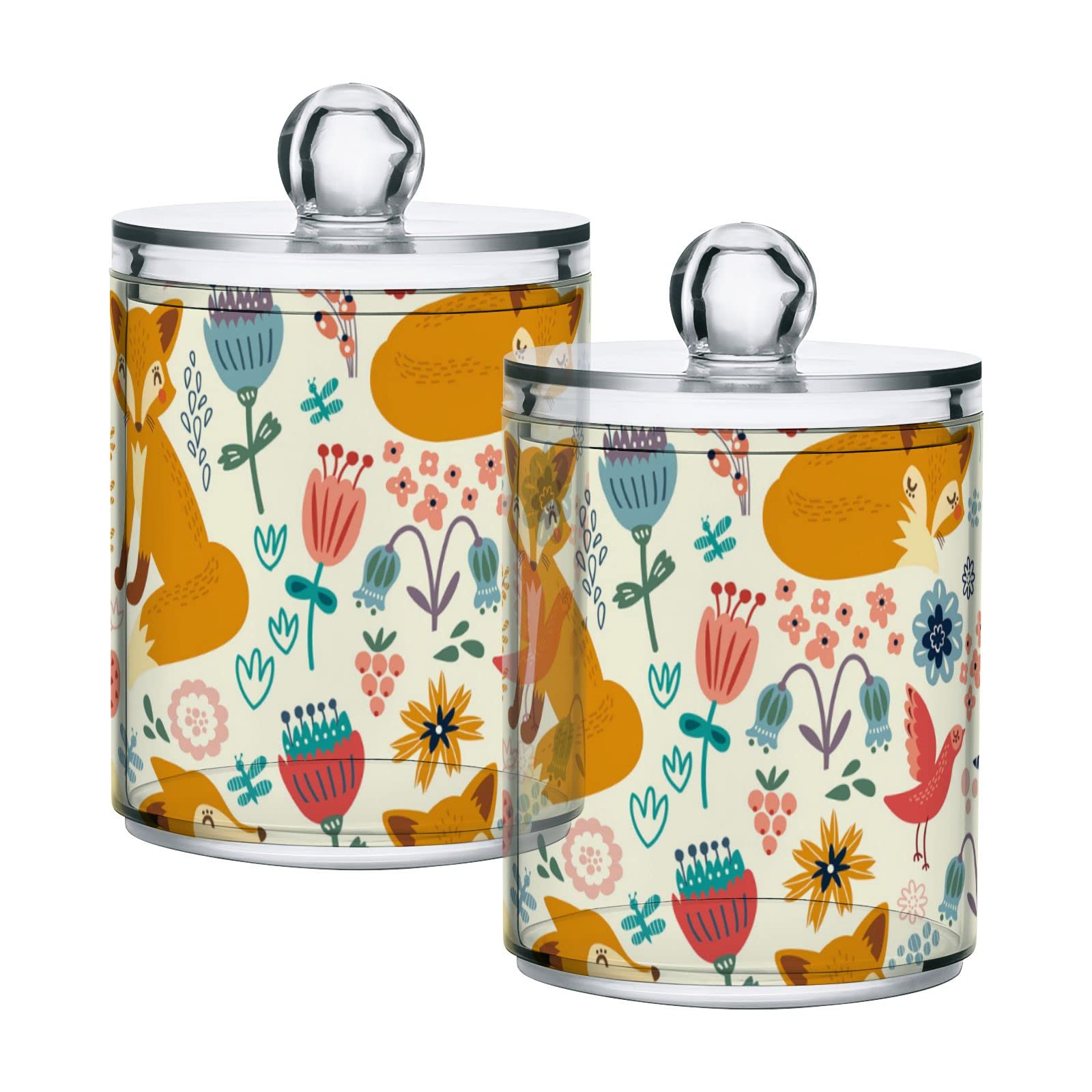 Vintage Orange Foxes with Flowers Birds Seamless Texture Plastic Storage Jars with Lids - Set of 4 (10 oz Translucent Food Containers) for Tea, Cookies, Cotton Swabs & Canning - Perfect for Kitchen Pantry Organization & Home Decor