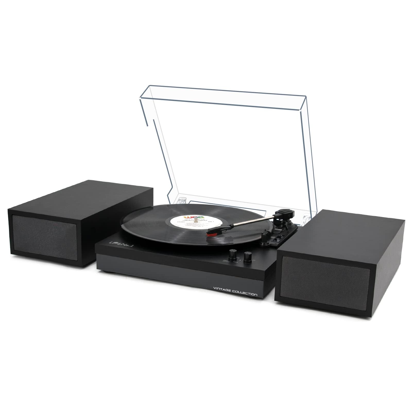 3-Speed Belt-Drive Vinyl Record Player with Stereo Bookshelf Speakers - Wireless Bluetooth Playback, Auto Stop & RCA Output | Black Leather Turntable for Home, Office & Music Lovers